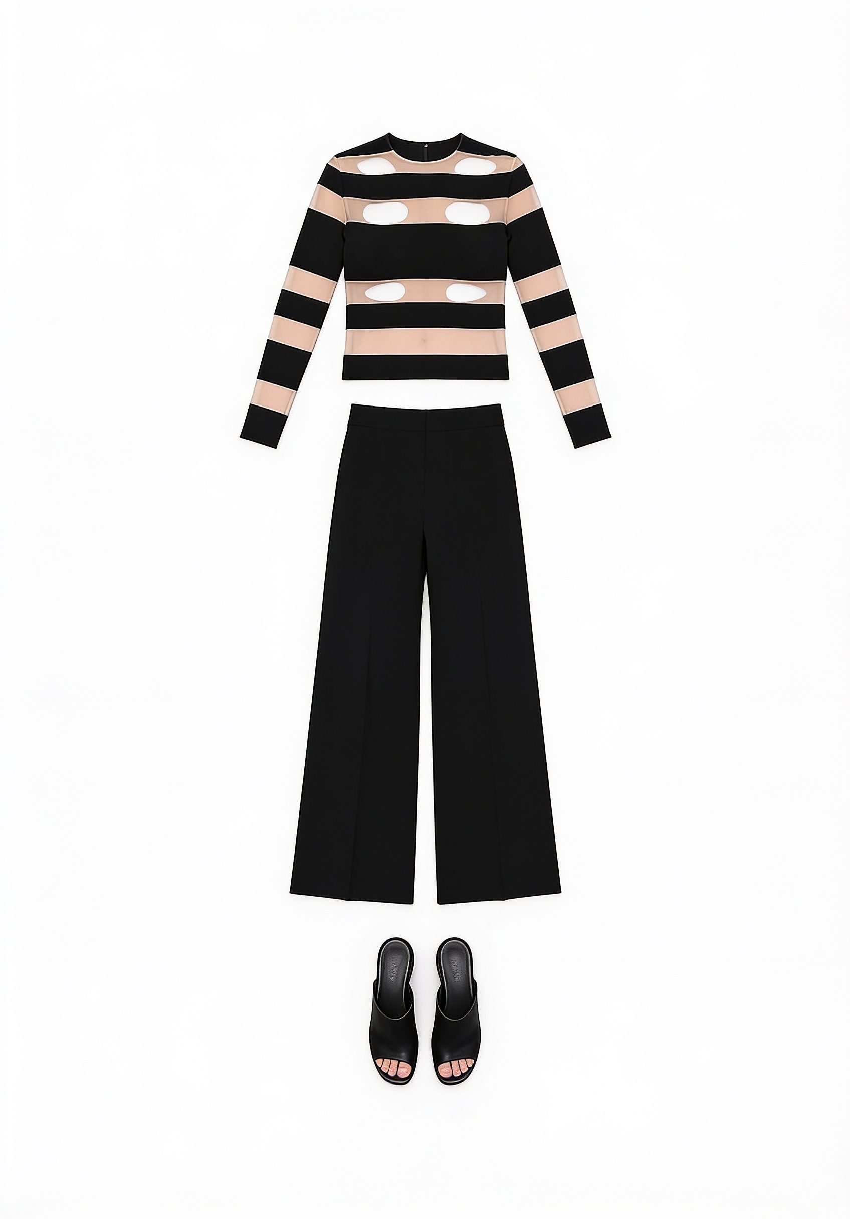Black and nude striped wide-leg jumpsuit