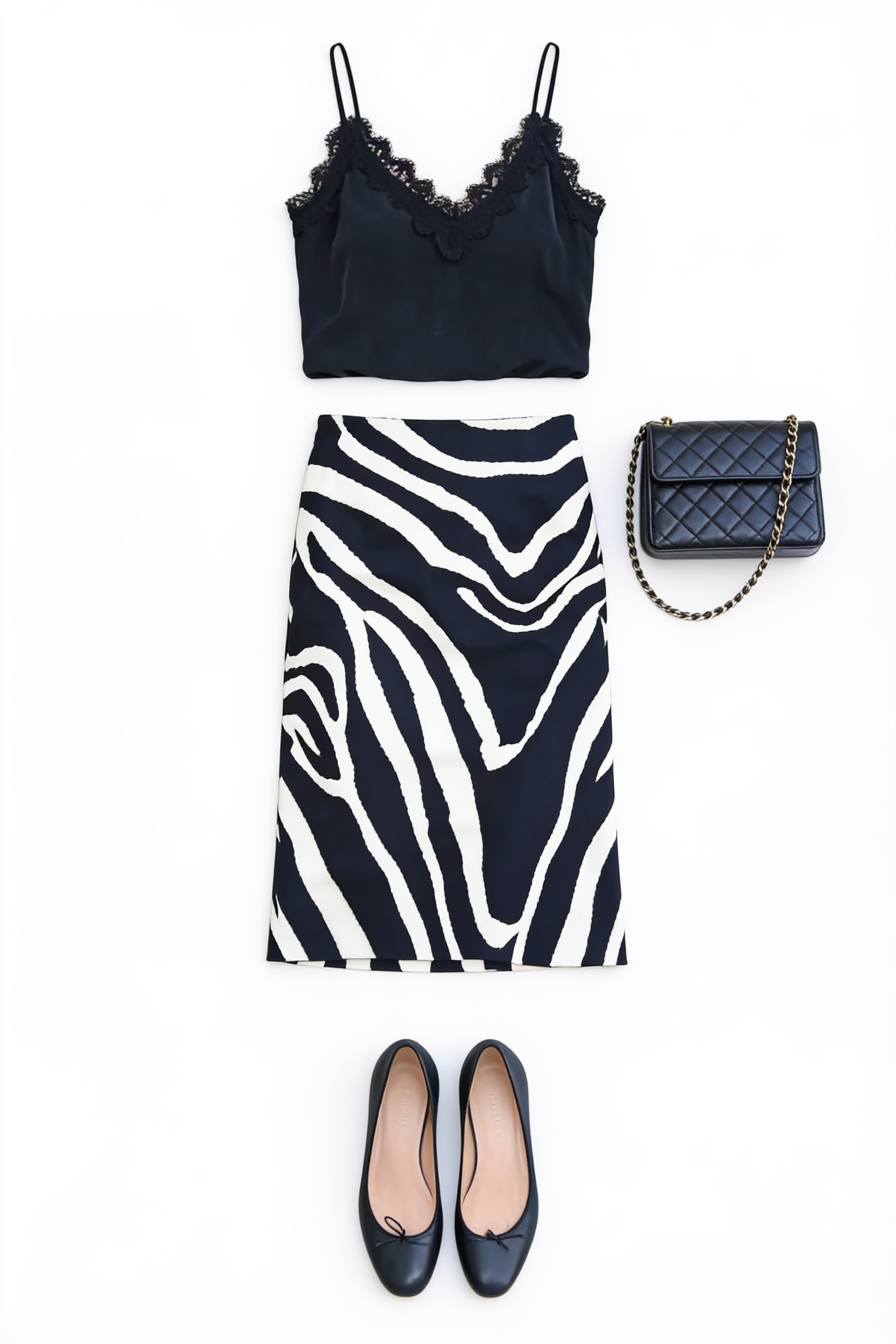 Black scalloped camisole and zebra-print skirt