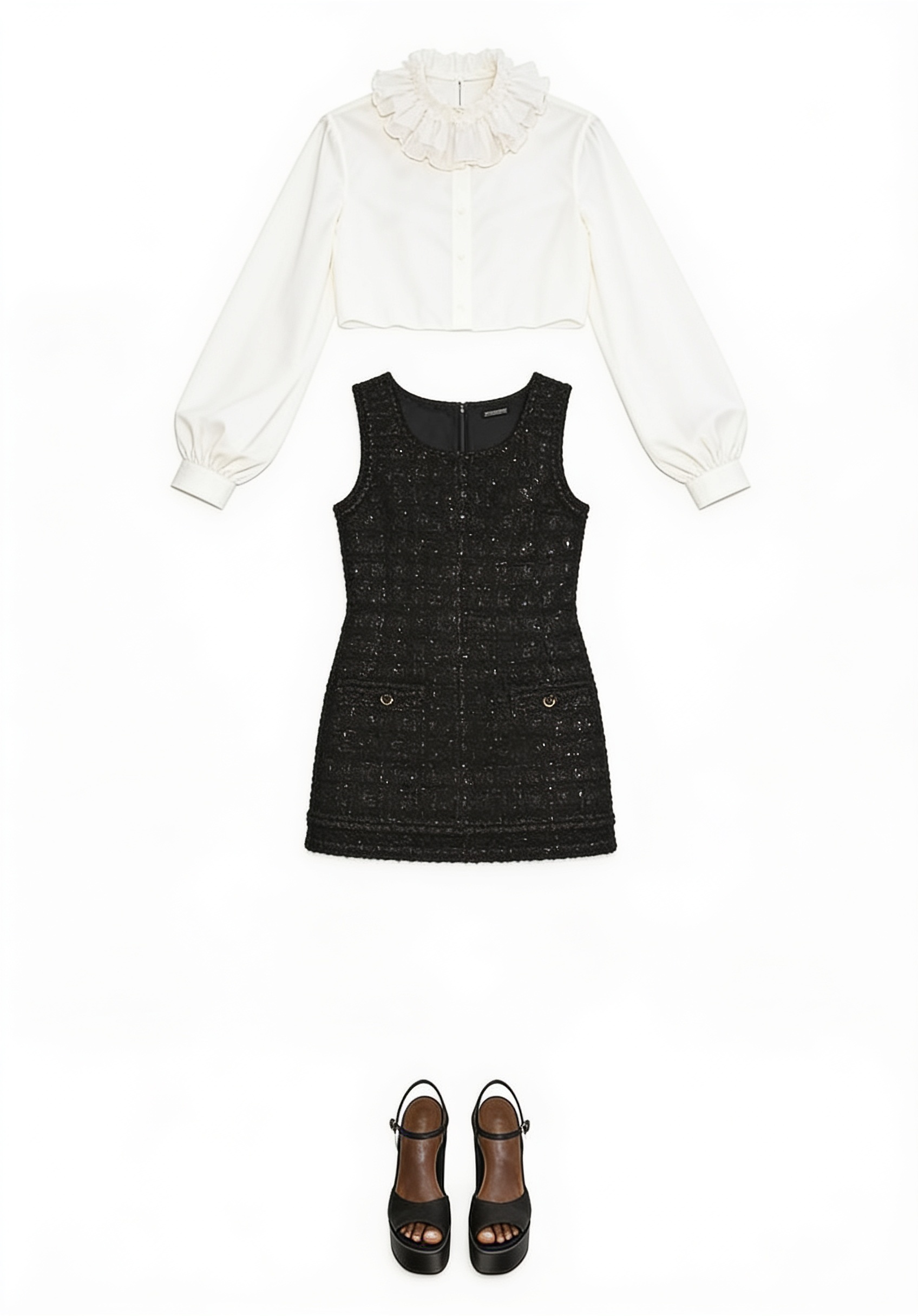 Black mini dress with white ruffled blouse