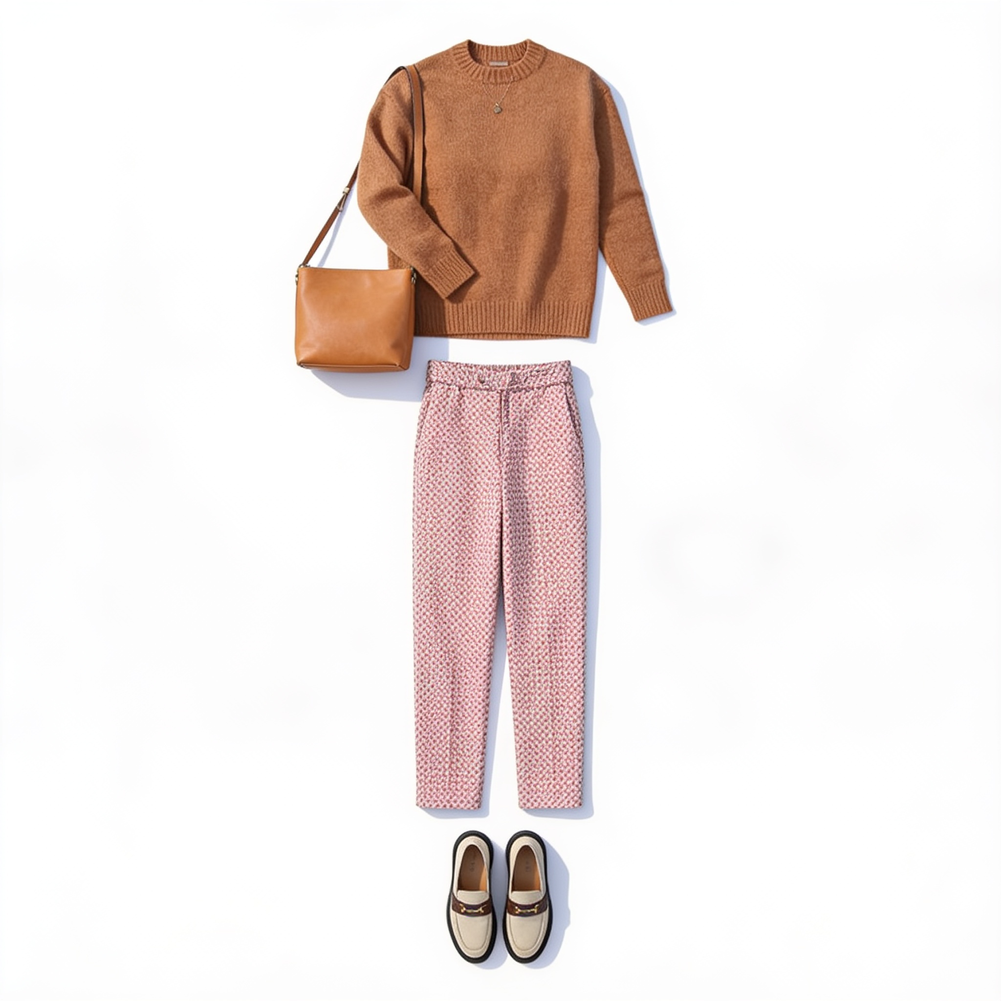 Brown knit sweater and checked trousers