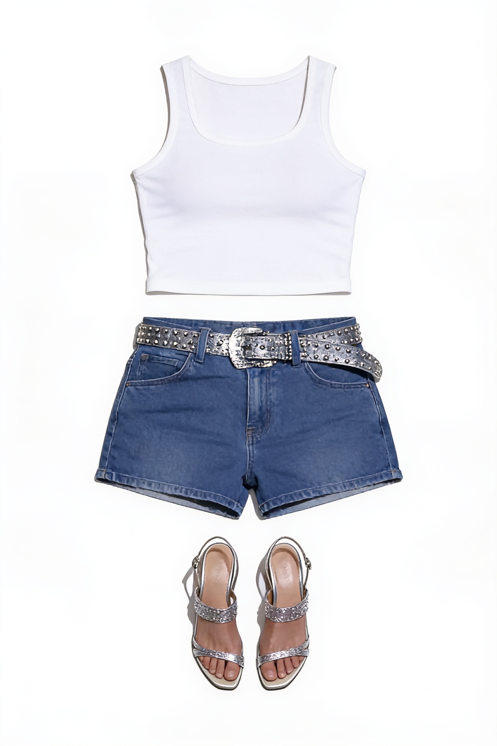White tank and embellished denim shorts