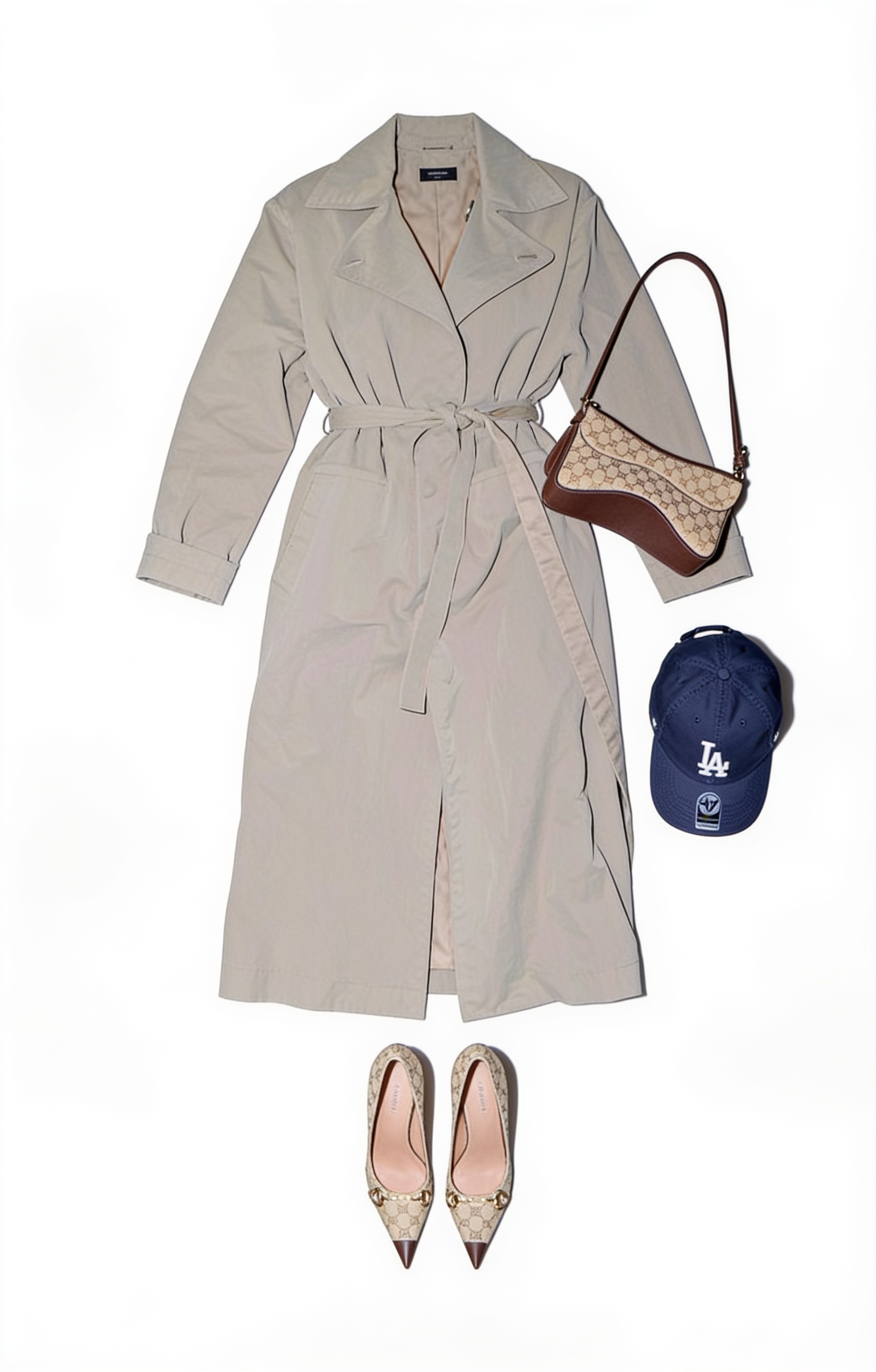 Grey belted trench coat and navy cap