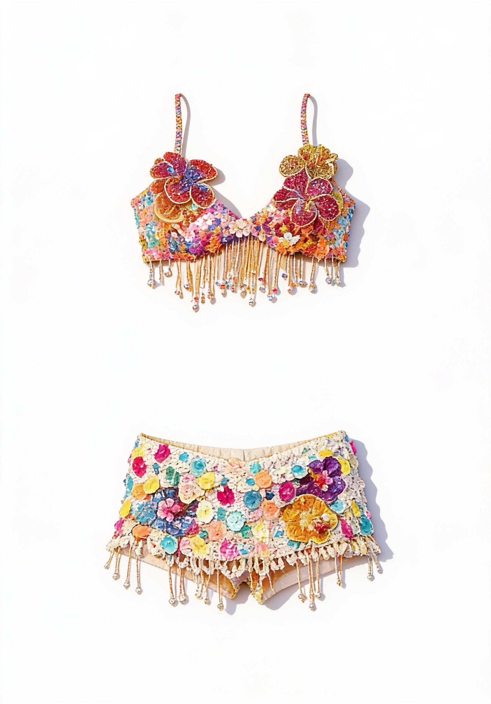 Colourful embellished bra top and mini shorts