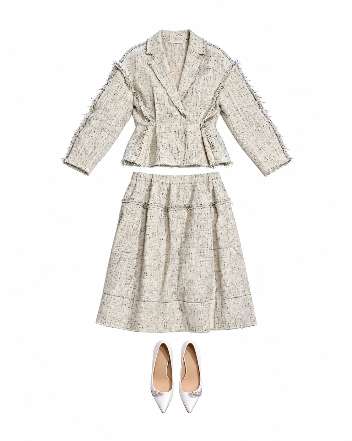Cream tweed jacket and pleated midi skirt