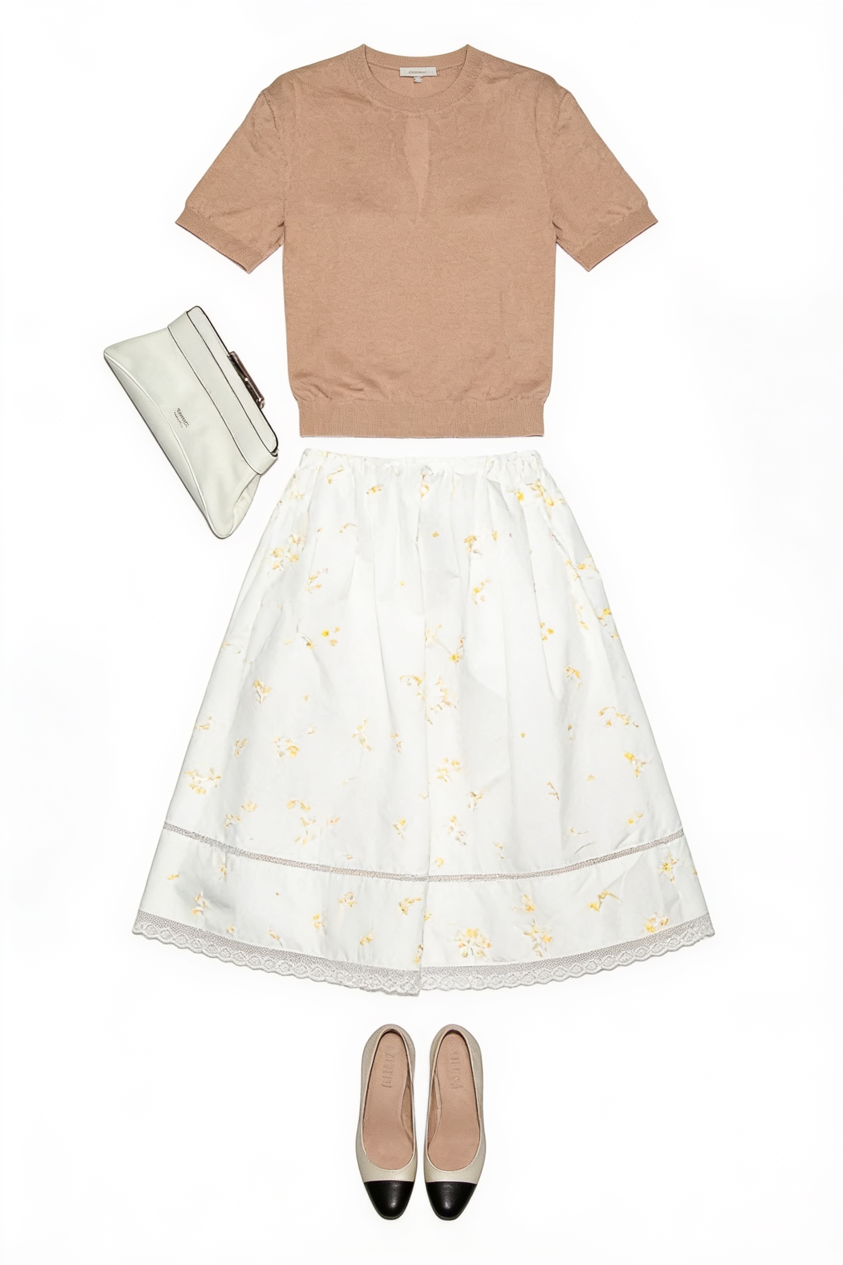 Taupe knit top and ivory floral midi skirt