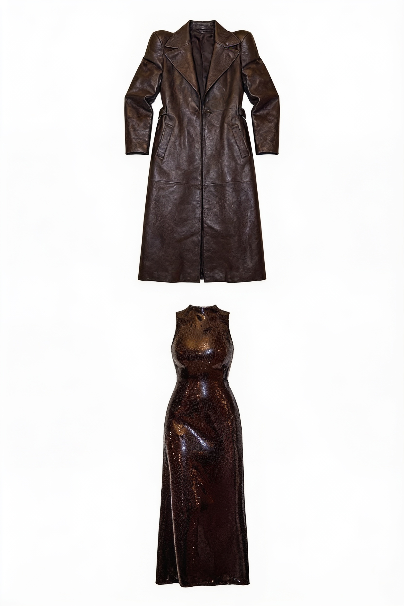 Brown leather coat and matching maxi dress