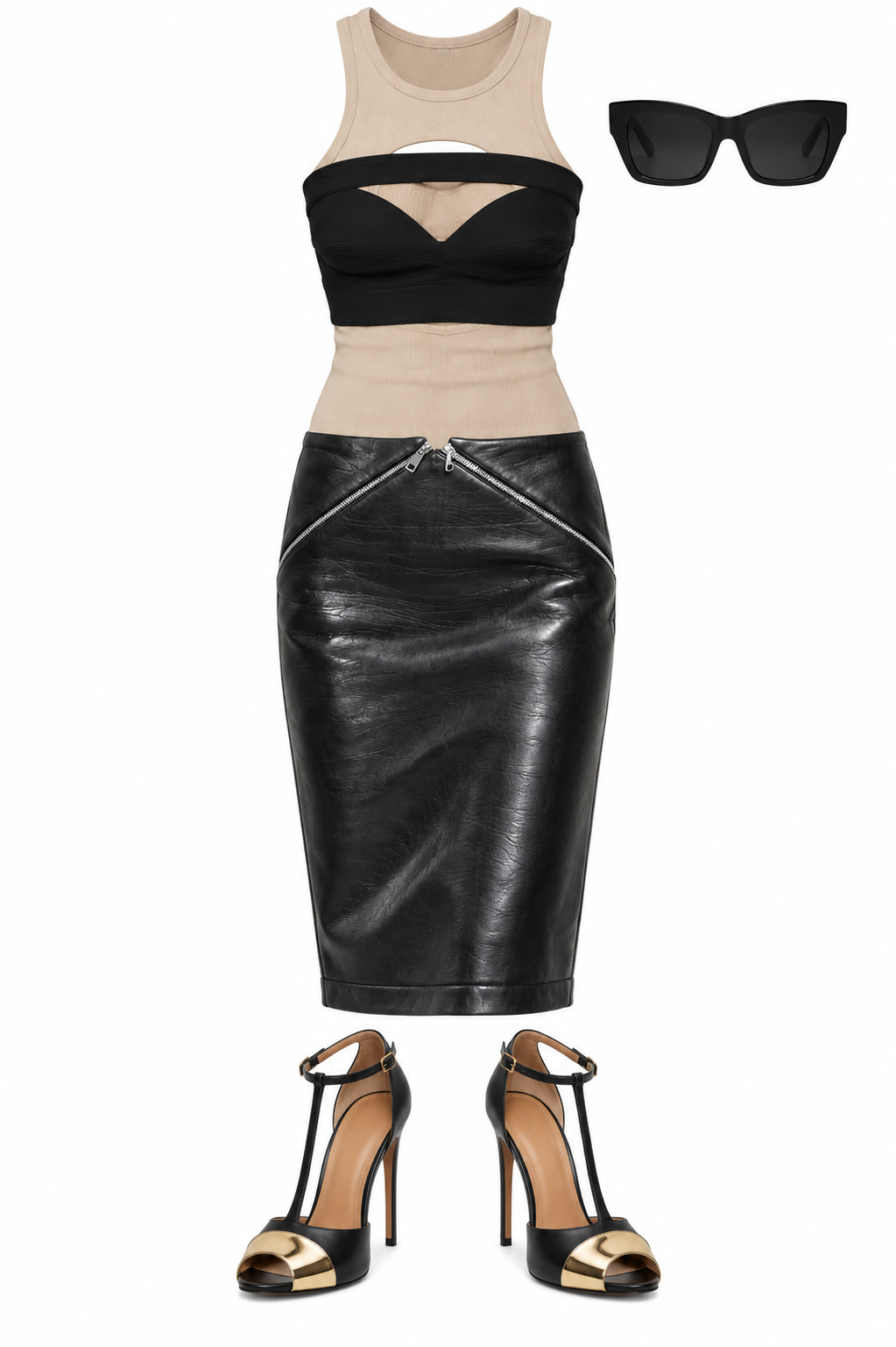 Cutout tank and black leather pencil skirt