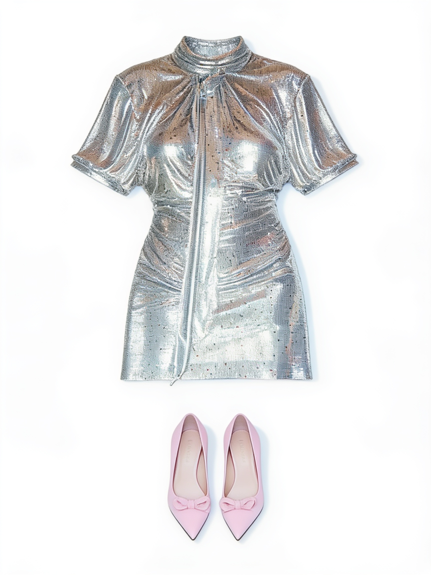 Silver puff-sleeve mini dress and pink pumps