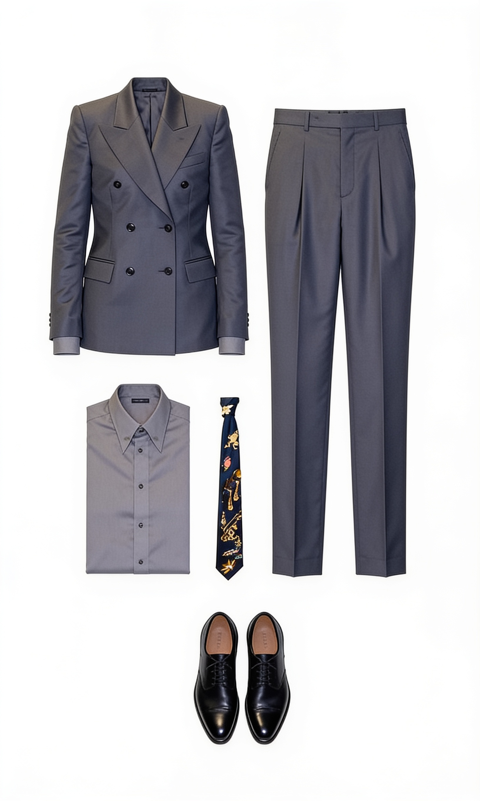 Slate grey double-breasted suit and patterned tie