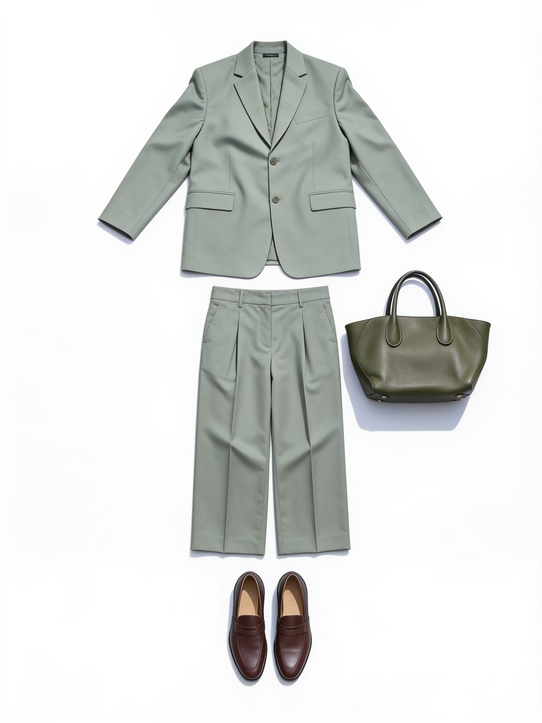 Sage green suit and pointed loafers