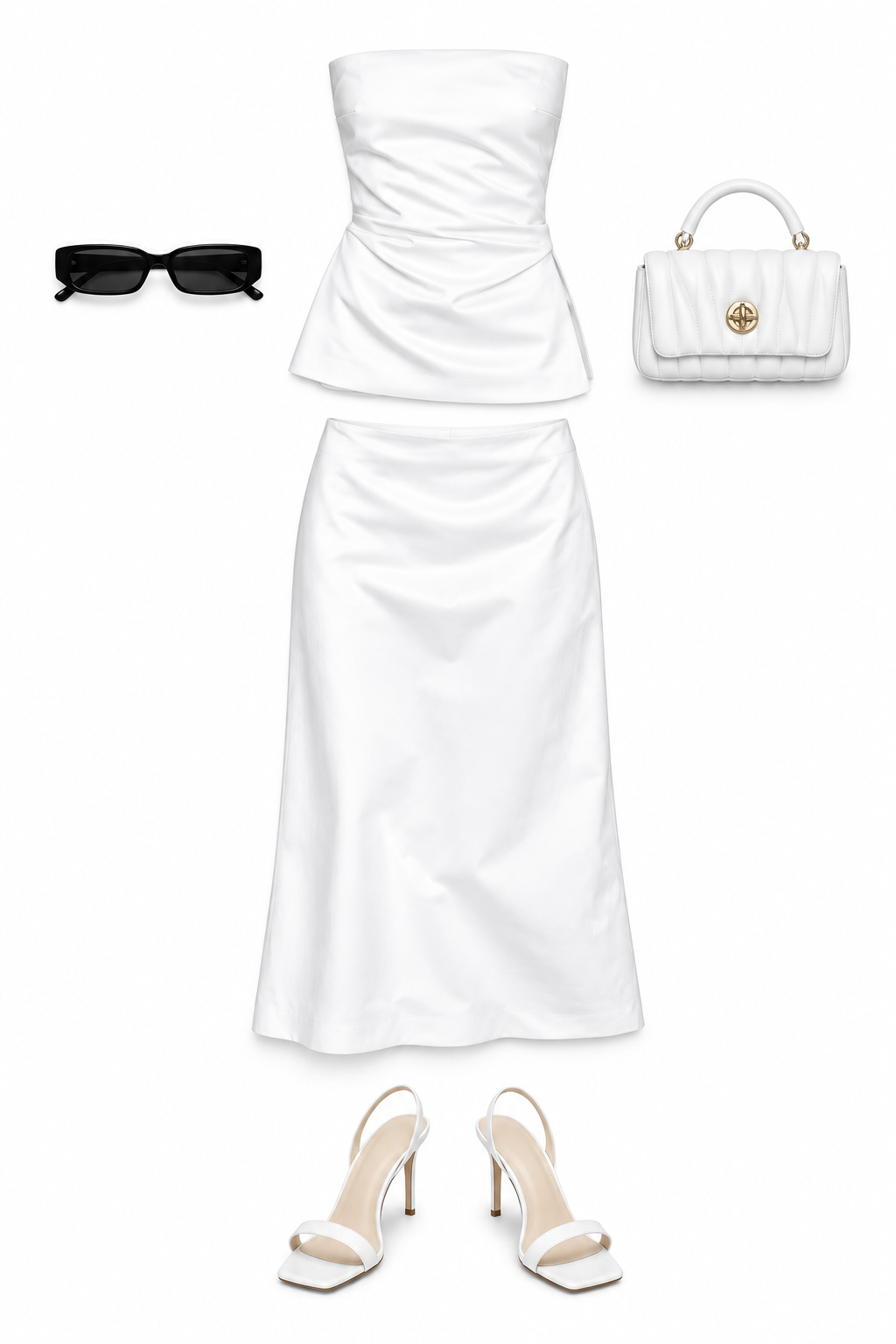 White strapless draped top and midi skirt