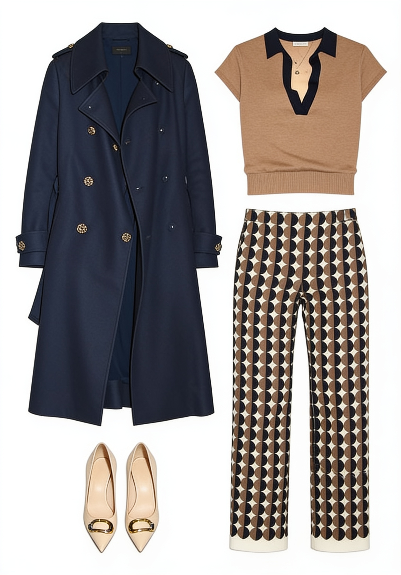 Navy coat and geometric wide-leg trousers
