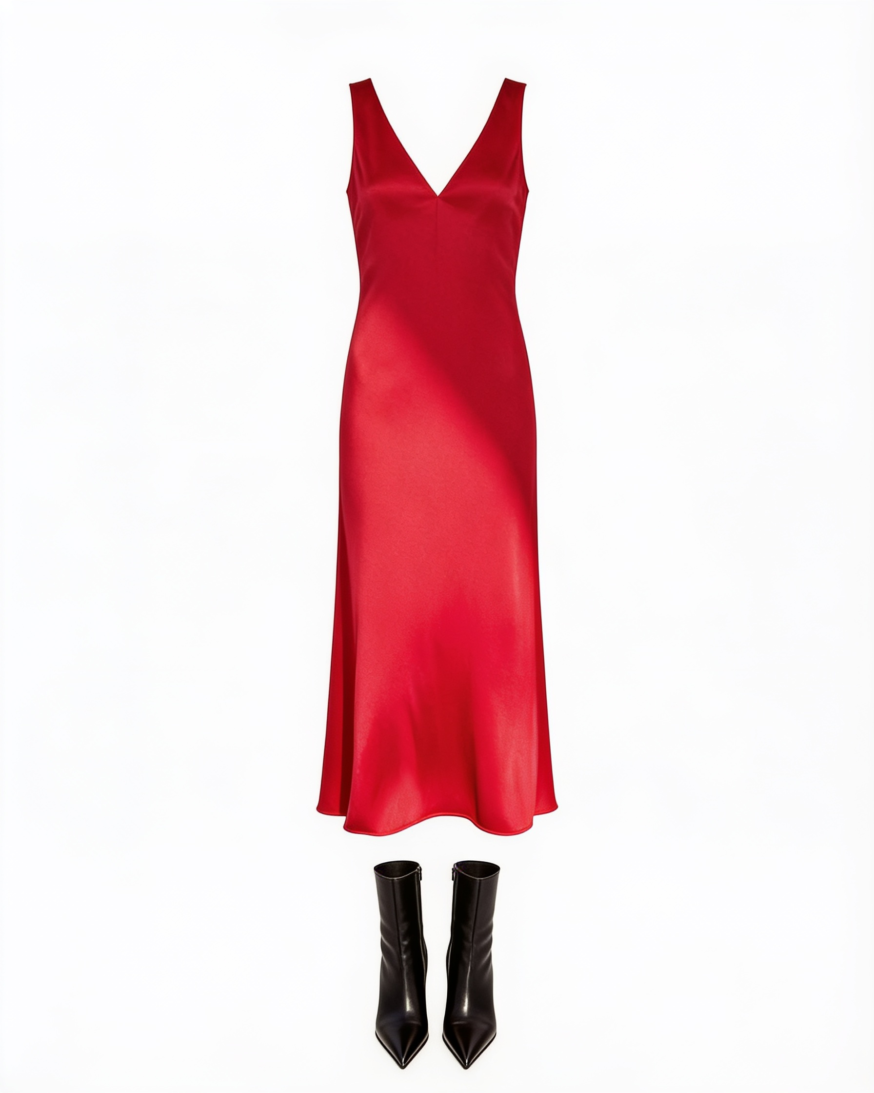 Red sleeveless satin gown and black boots