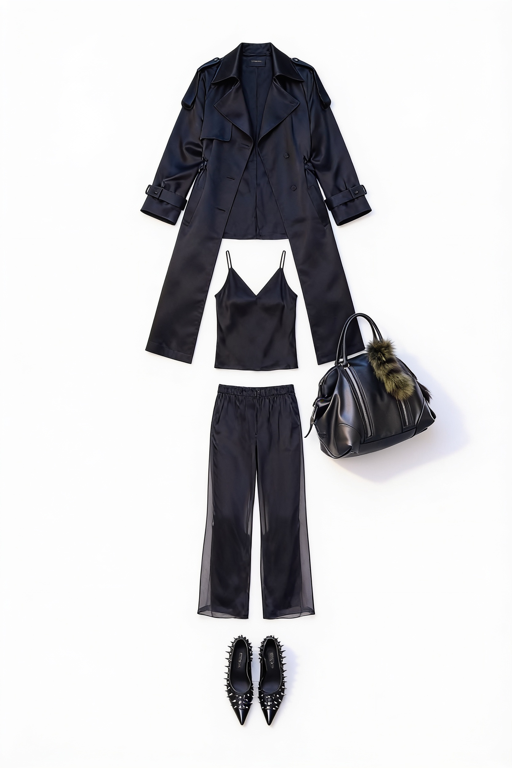 Black long coat and wide-leg trousers