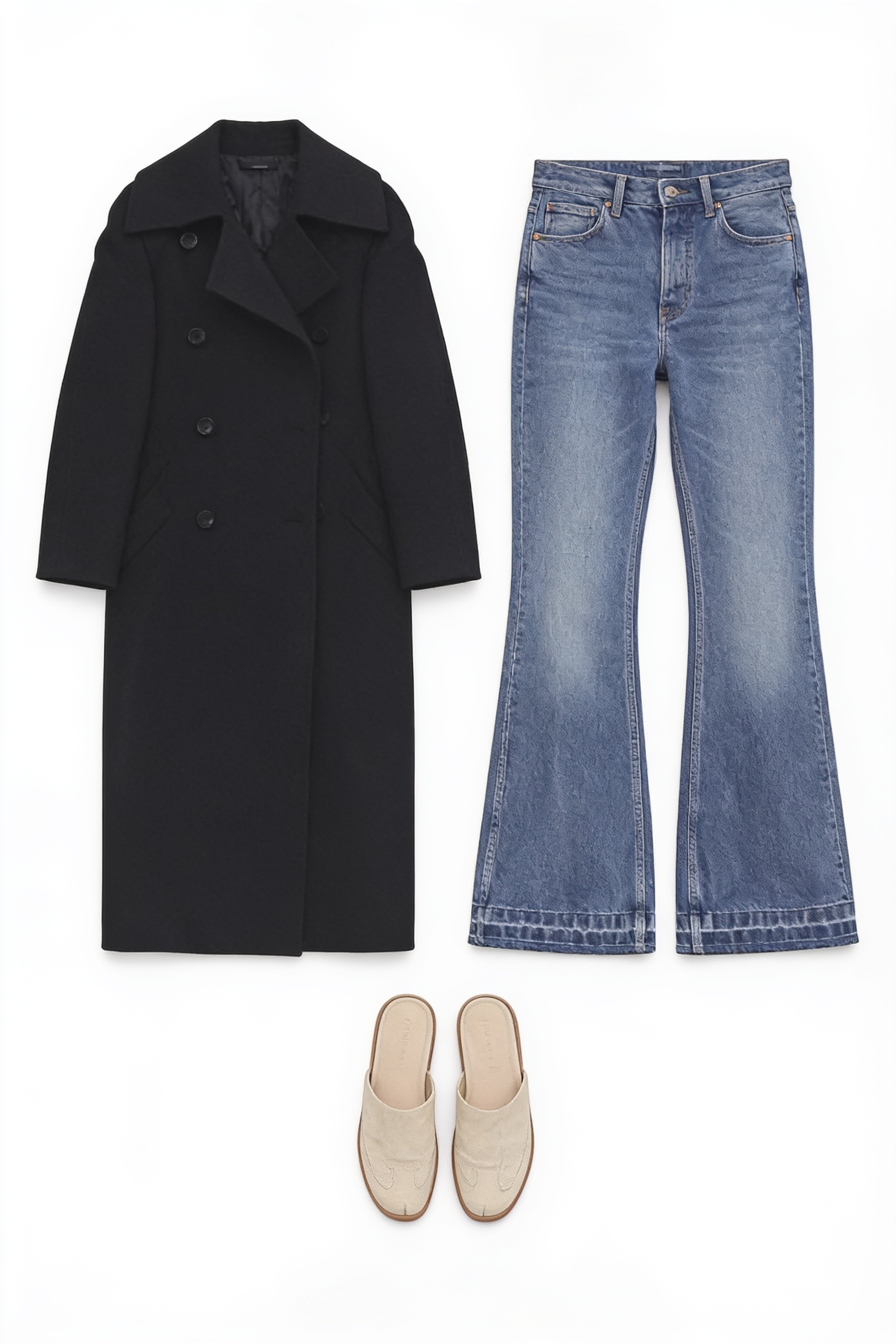 Black long coat and blue flared jeans