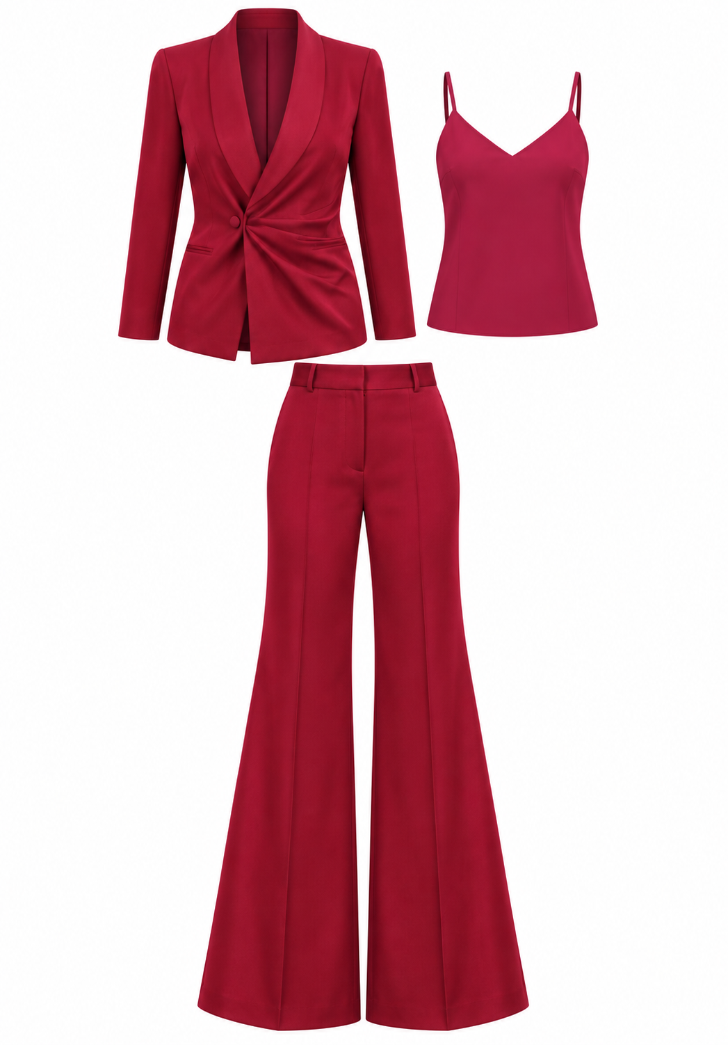 Burgundy wrap-front blazer and flared trousers