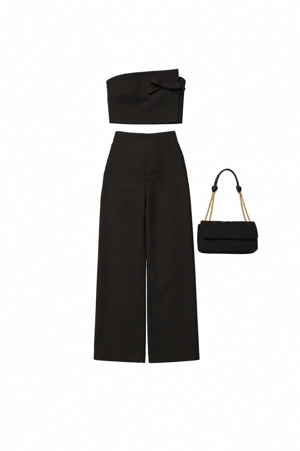 Black strapless bow top and flared trousers