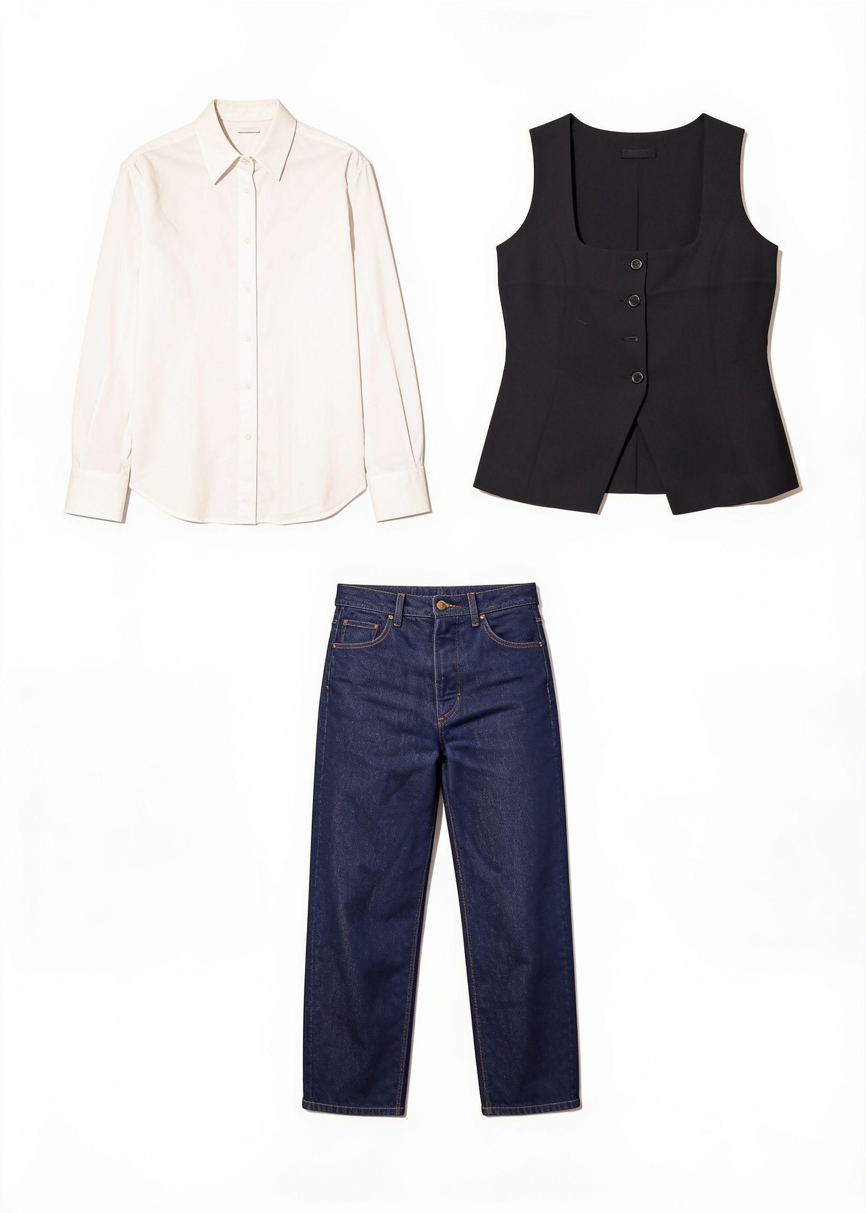 Black waistcoat, white shirt and blue jeans