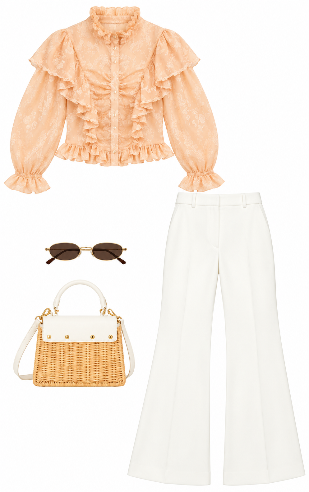Peach ruffled blouse and white flared trousers