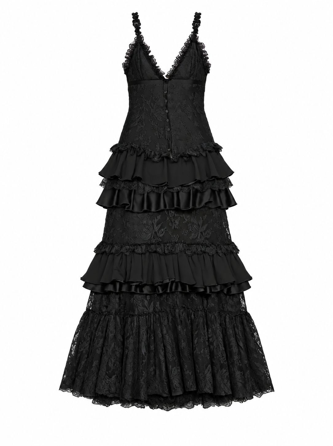 Black lace-trim tiered gown