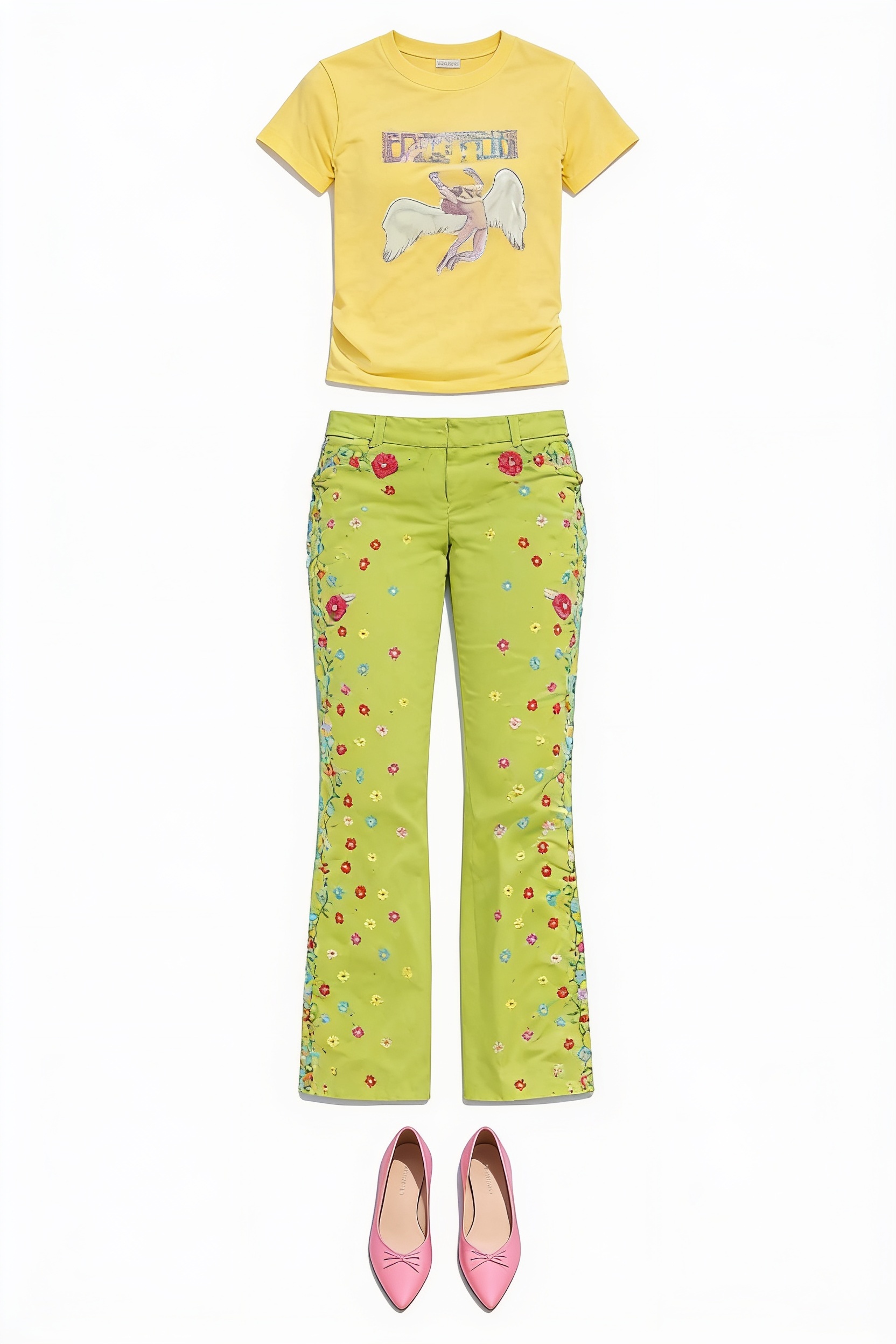Yellow graphic tee and lime printed trousers