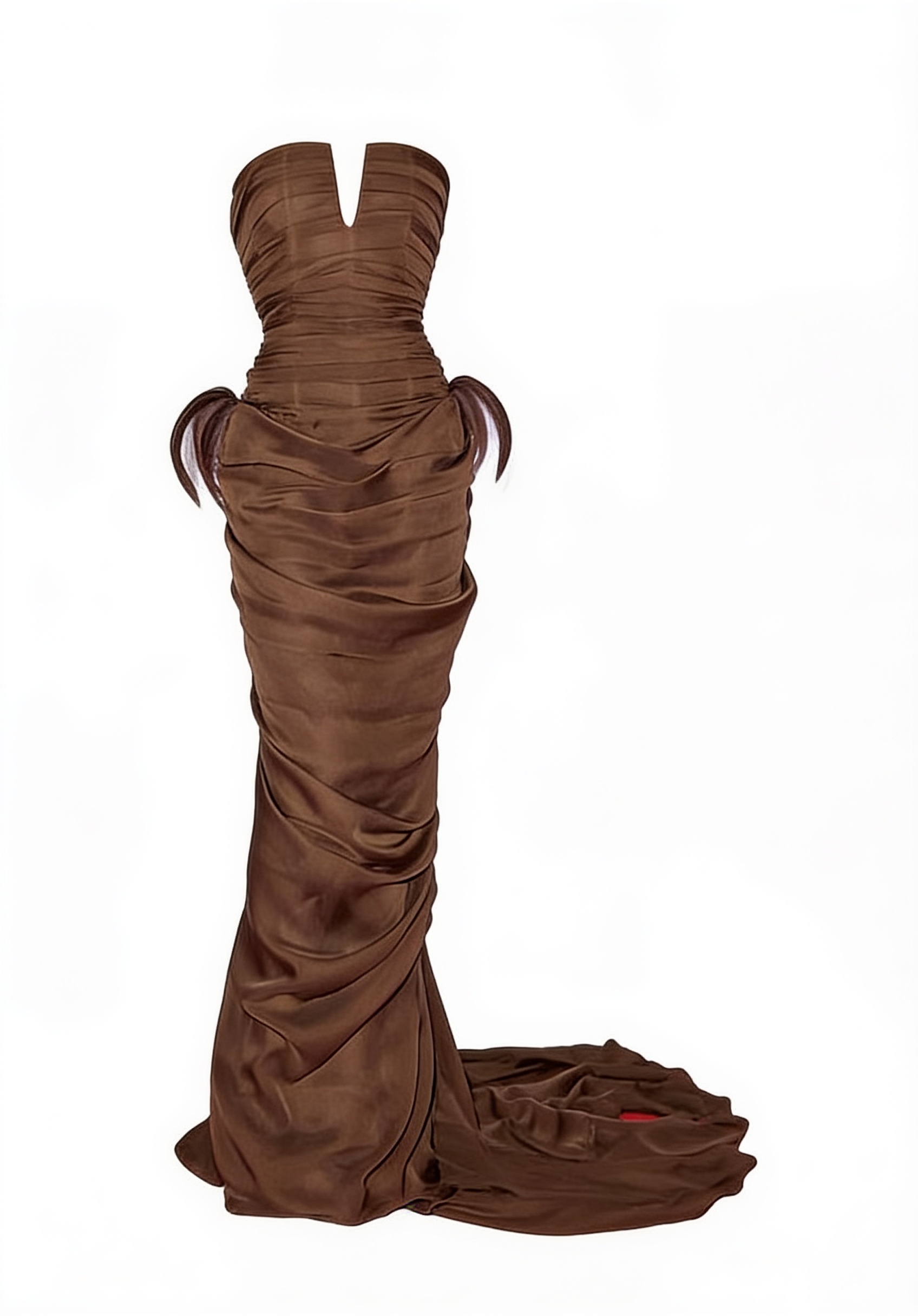 Brown ruched off-shoulder gown