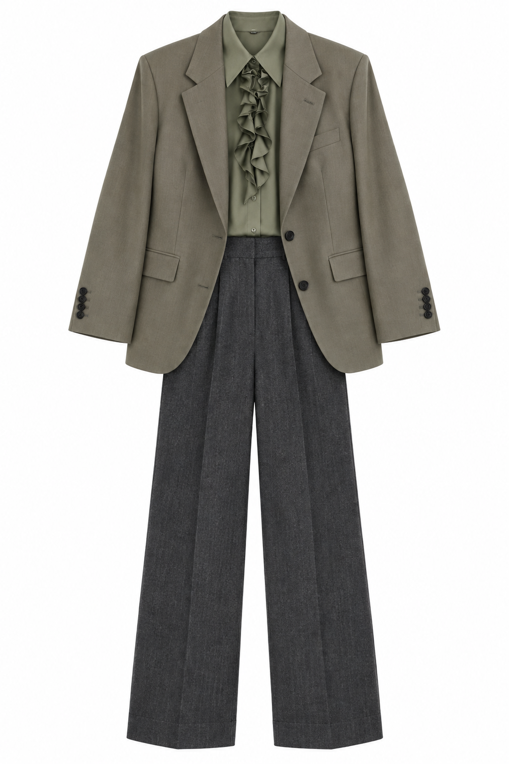 Olive blazer and charcoal tailored trousers