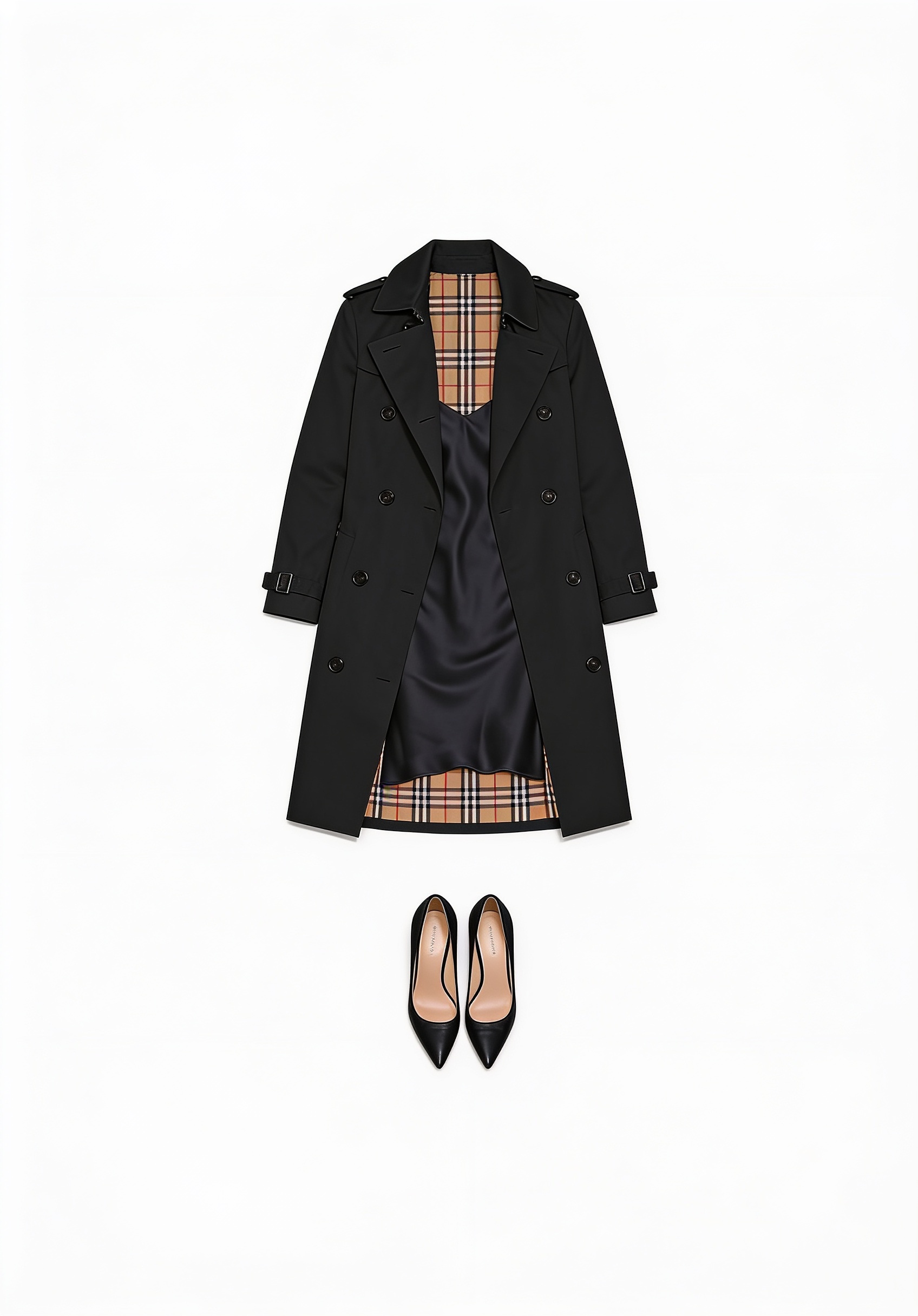 Black coat and satin mini dress