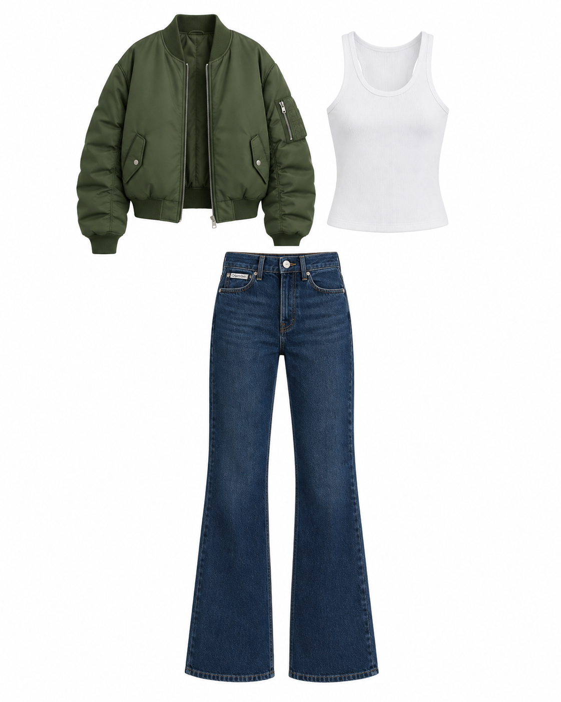 Olive bomber jacket and dark flared jeans