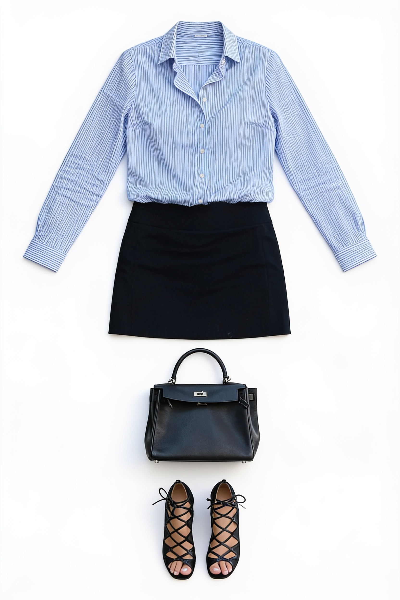 Blue striped shirt and black mini skirt