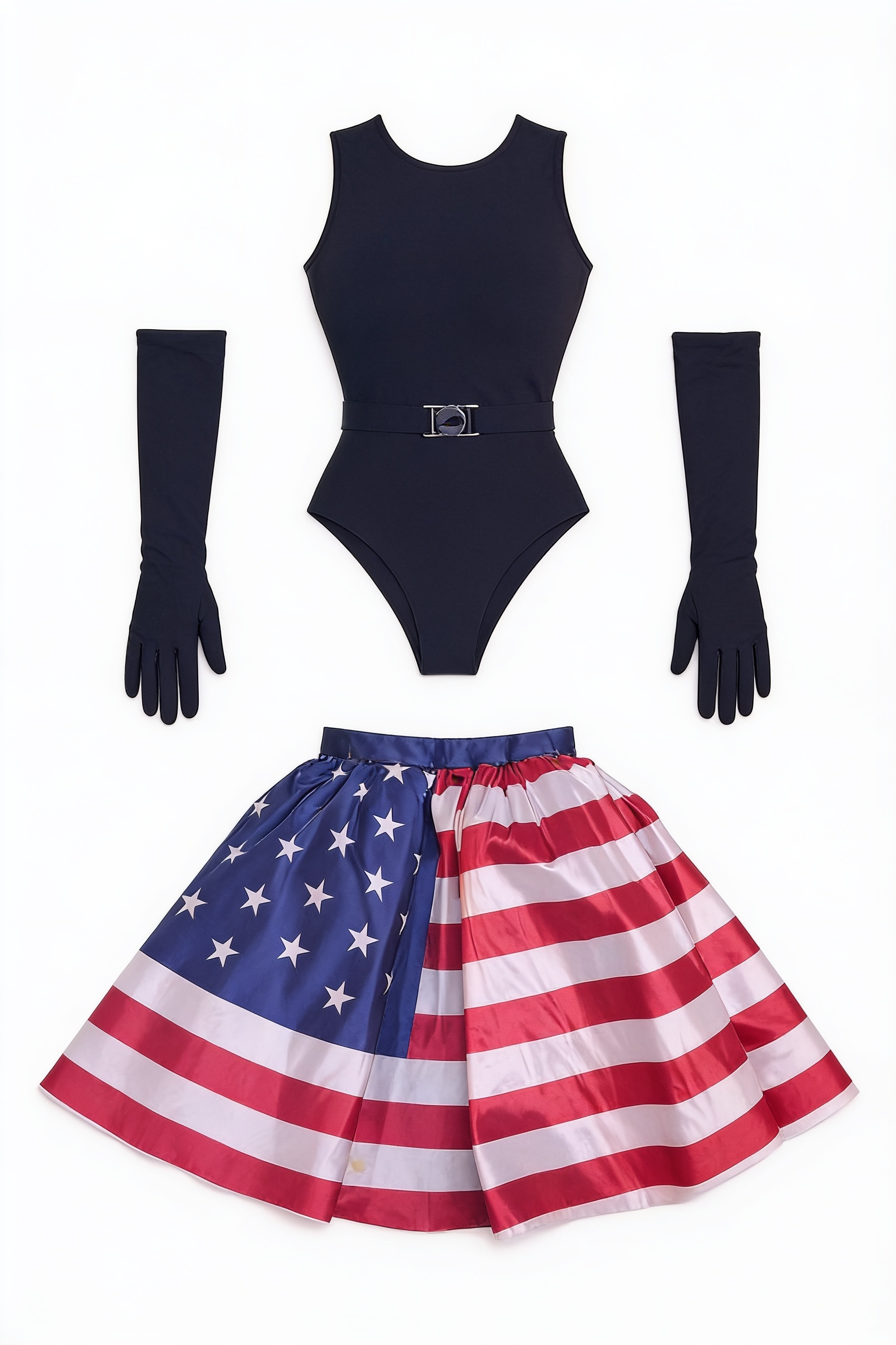 Navy bodysuit and American flag skirt