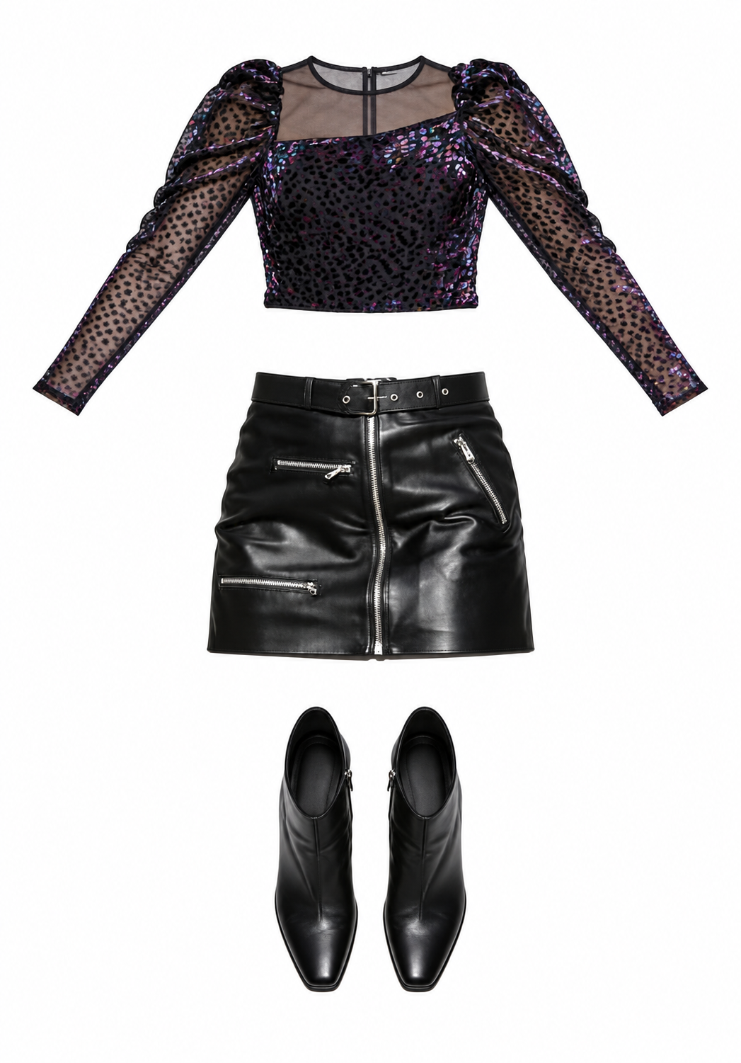 Embellished puff-sleeve top and leather mini skirt