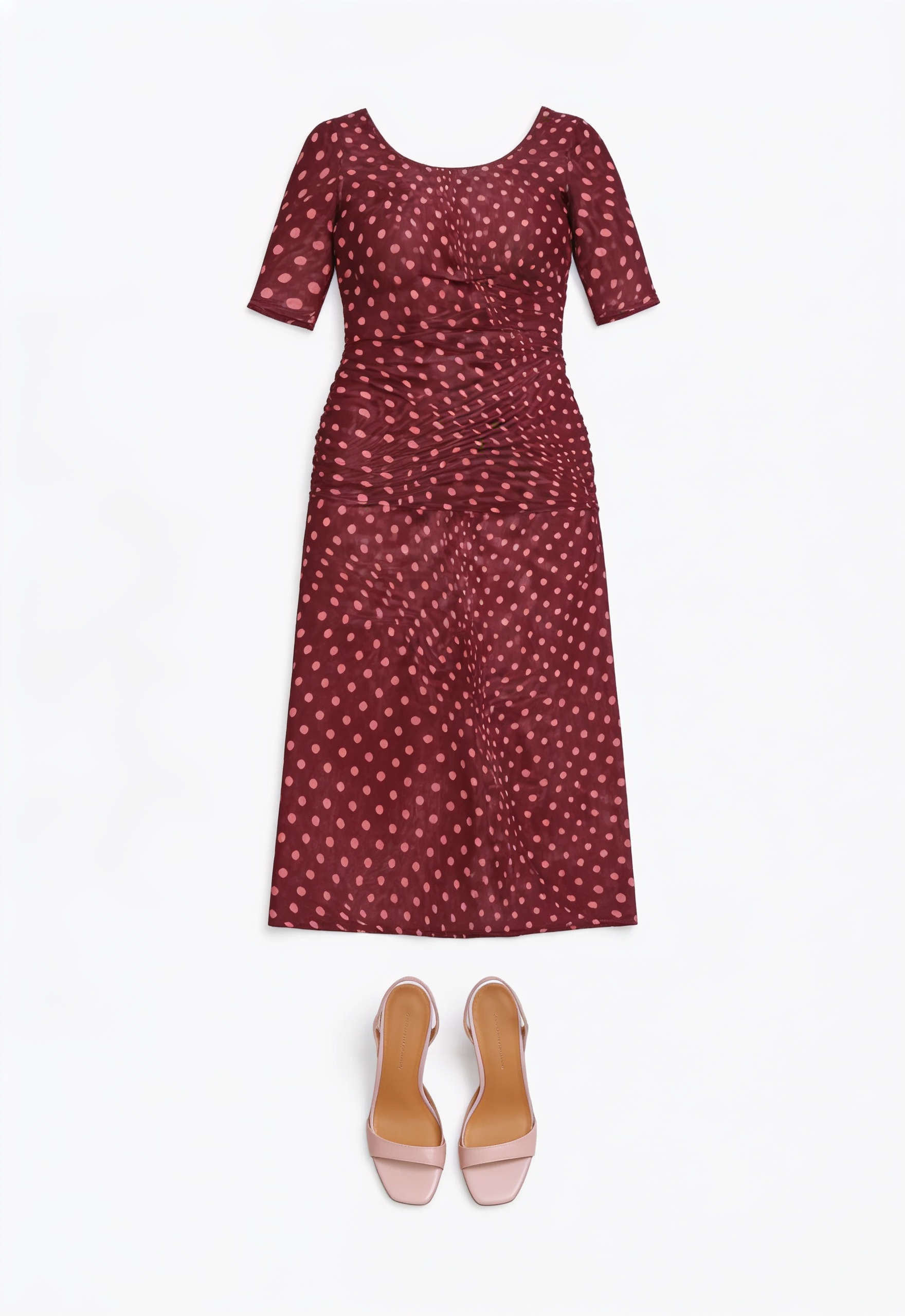 Burgundy polka-dot midi dress