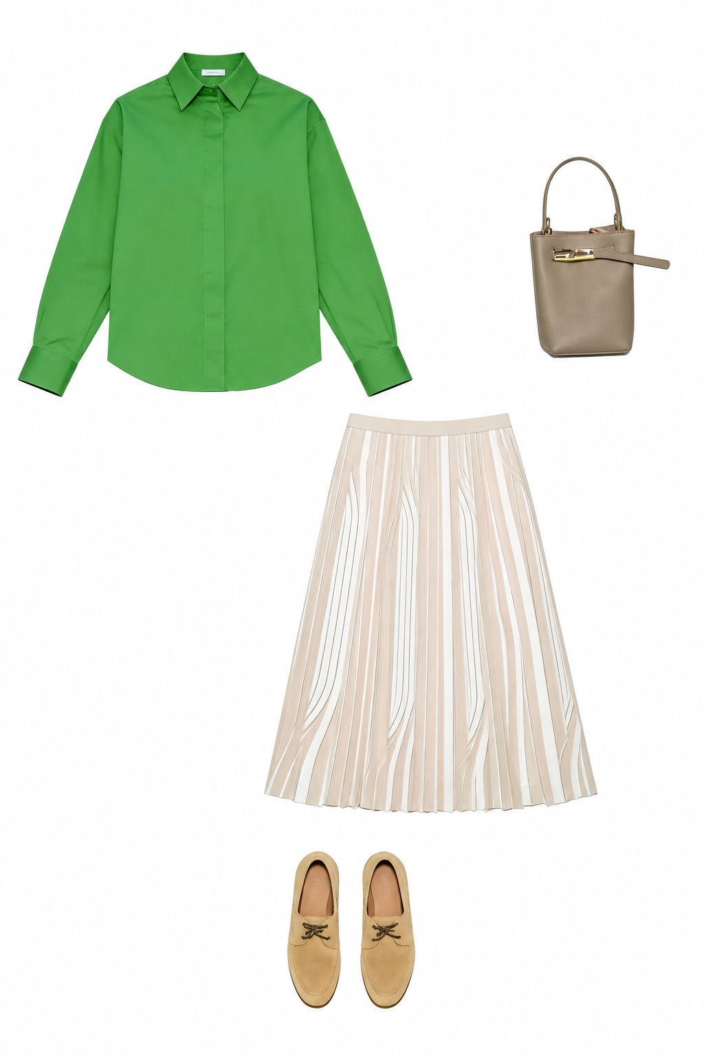 Green poplin shirt and ivory pleated skirt