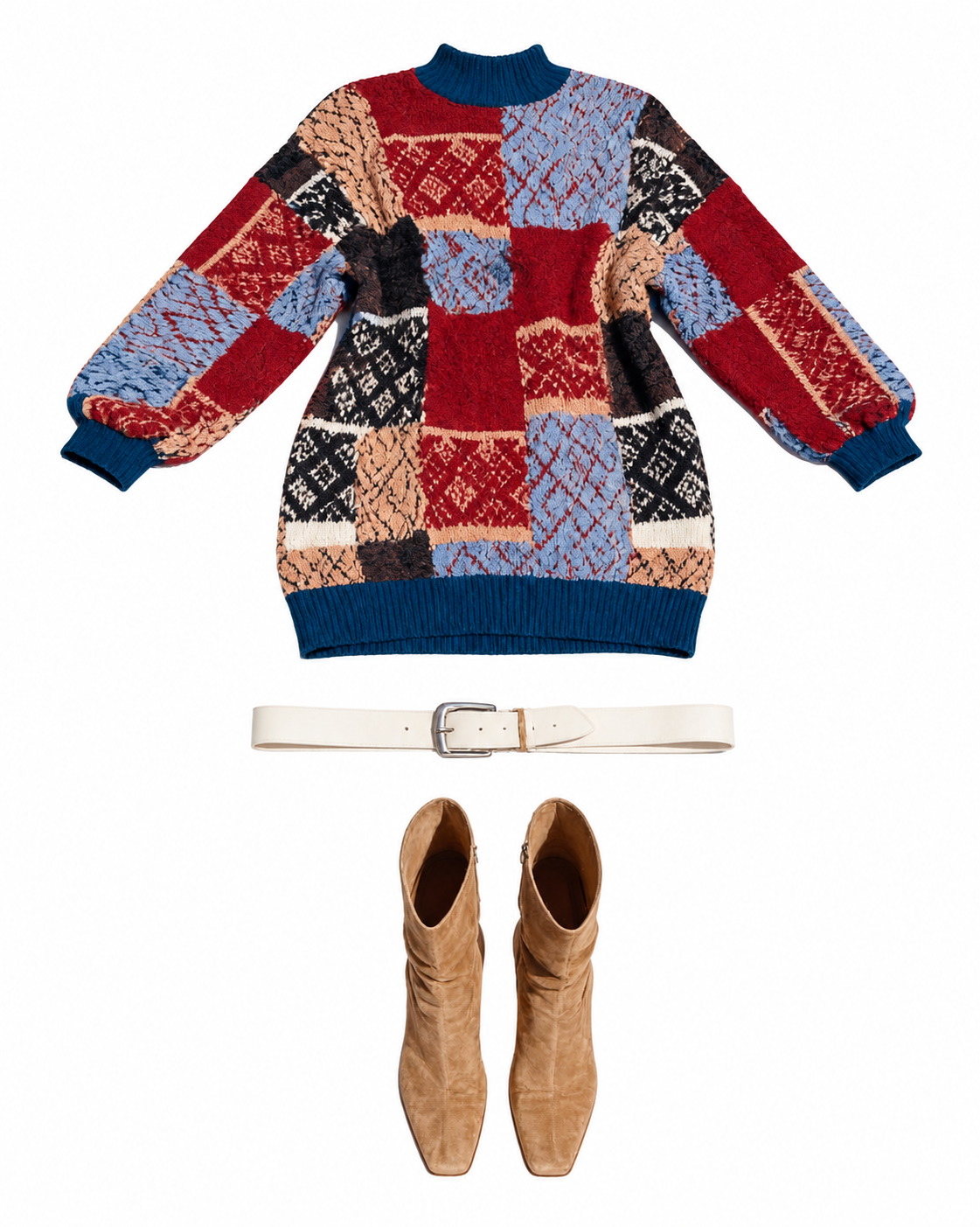 Patchwork knit mini dress and tan boots