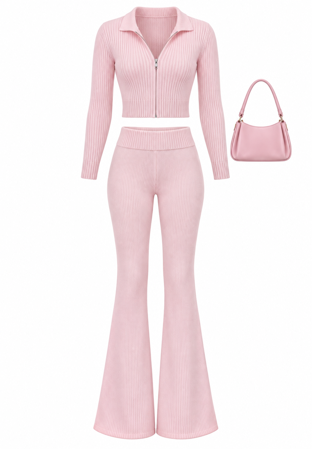 Pink ribbed cardigan and flared trousers