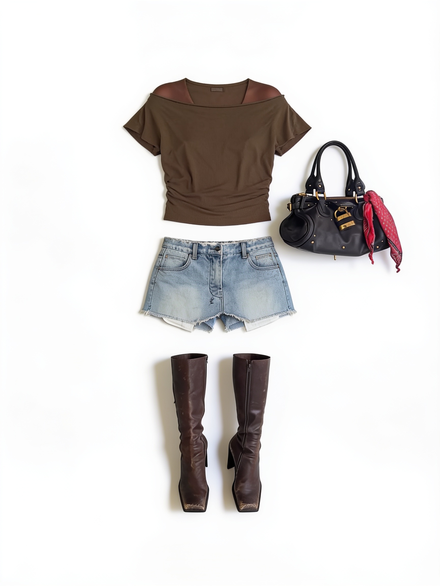 Brown cropped top, denim shorts and tall boots