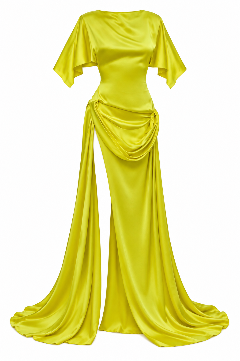 Lime satin draped gown with cape sleeves