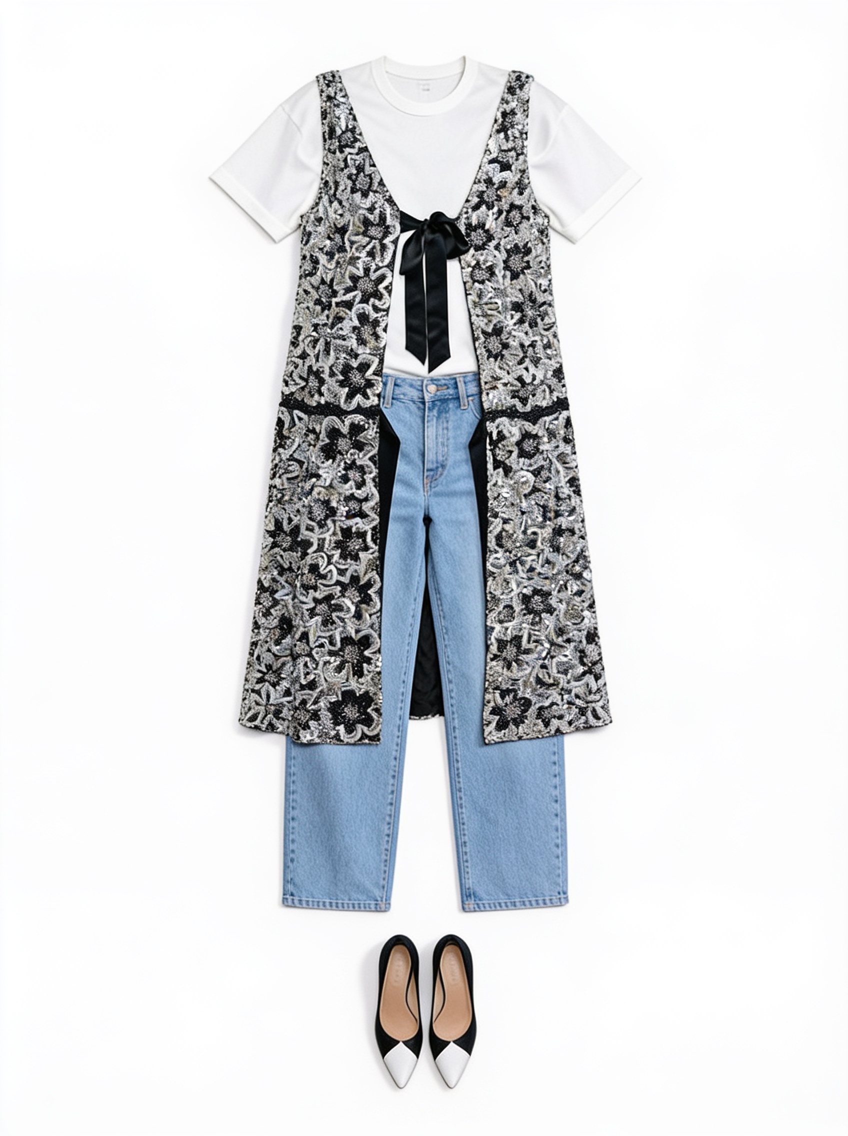 Black-and-white floral long vest and jeans
