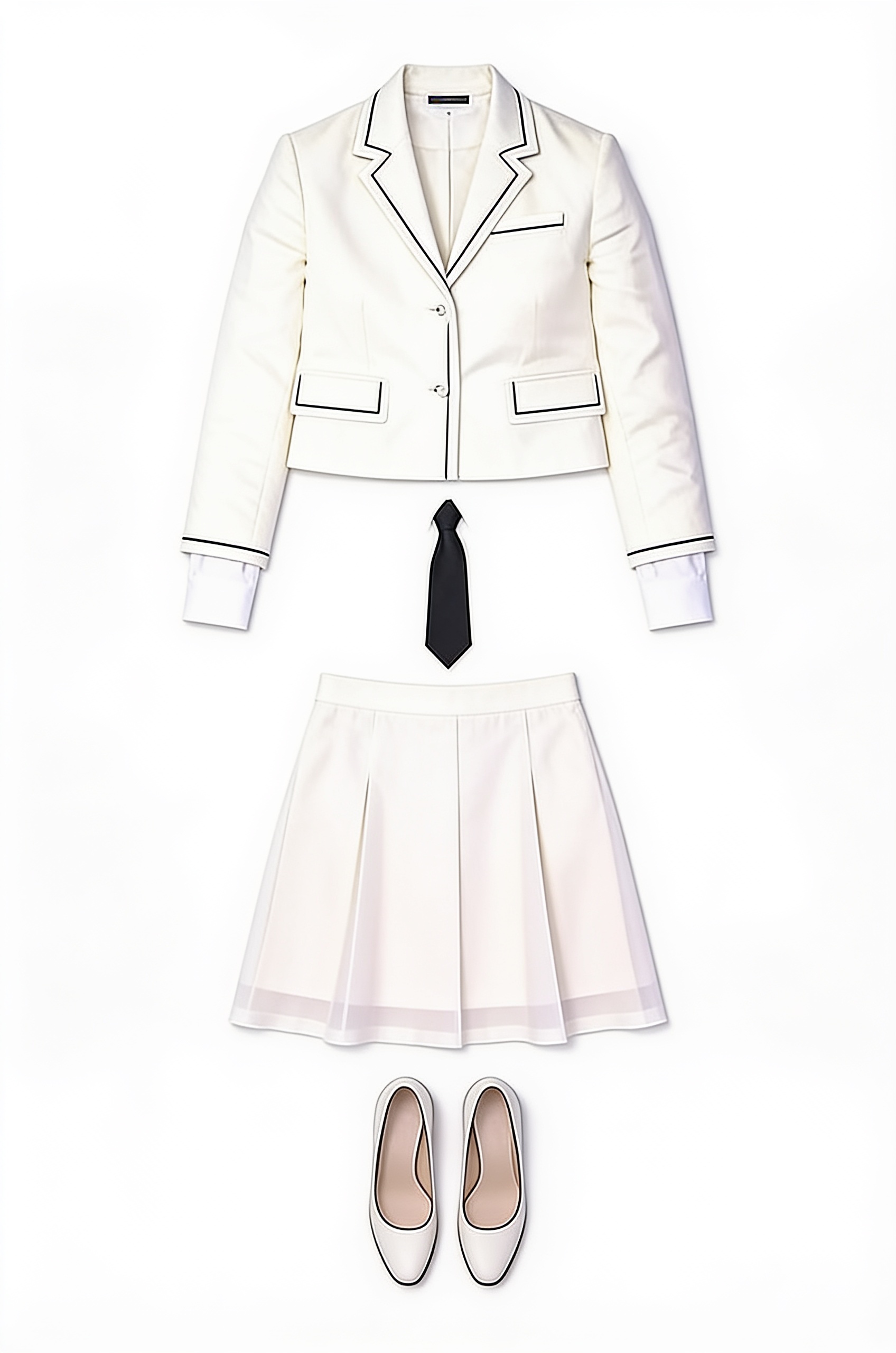 White piped blazer and pleated skirt