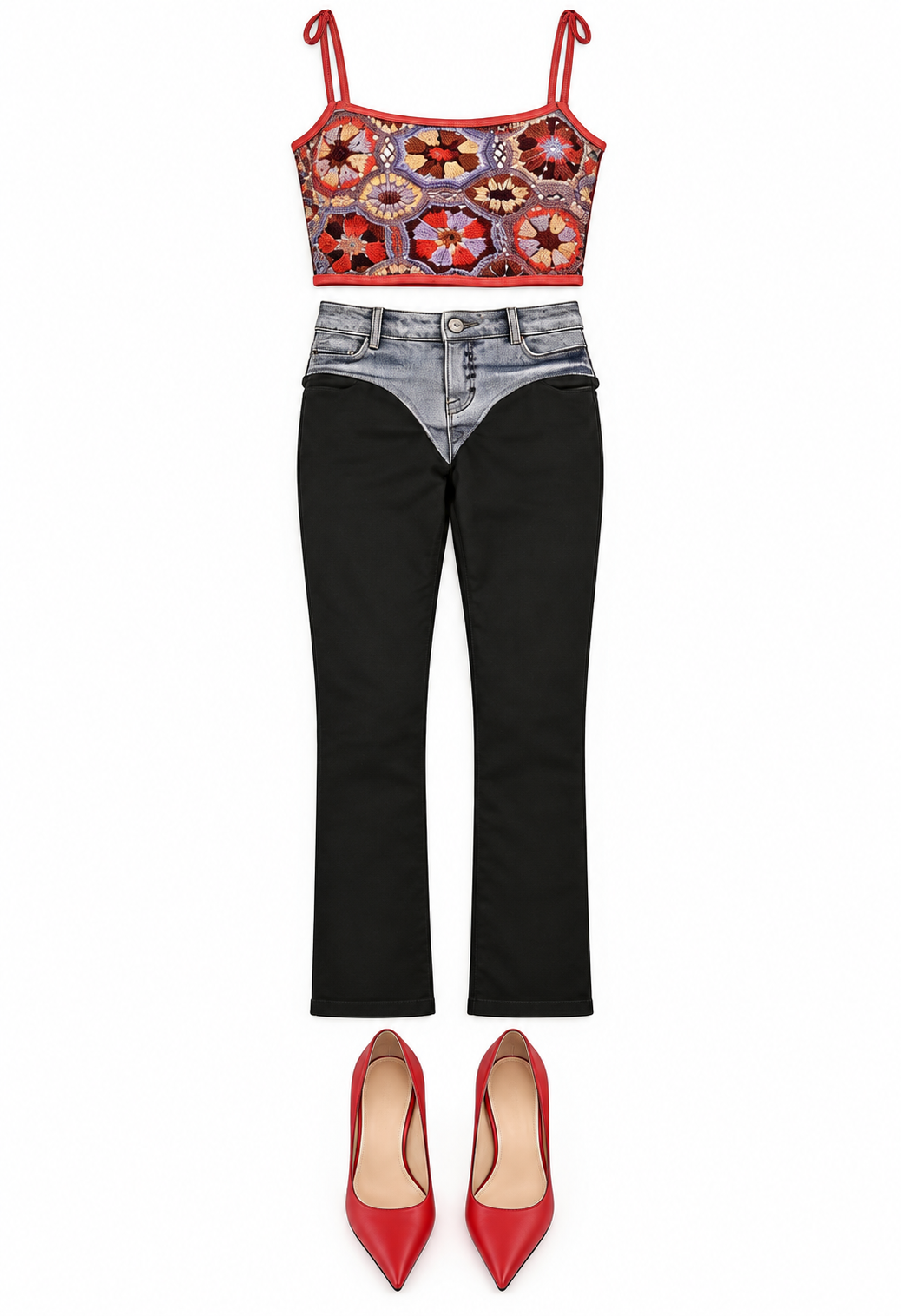 Embroidered bandeau and black flared jeans