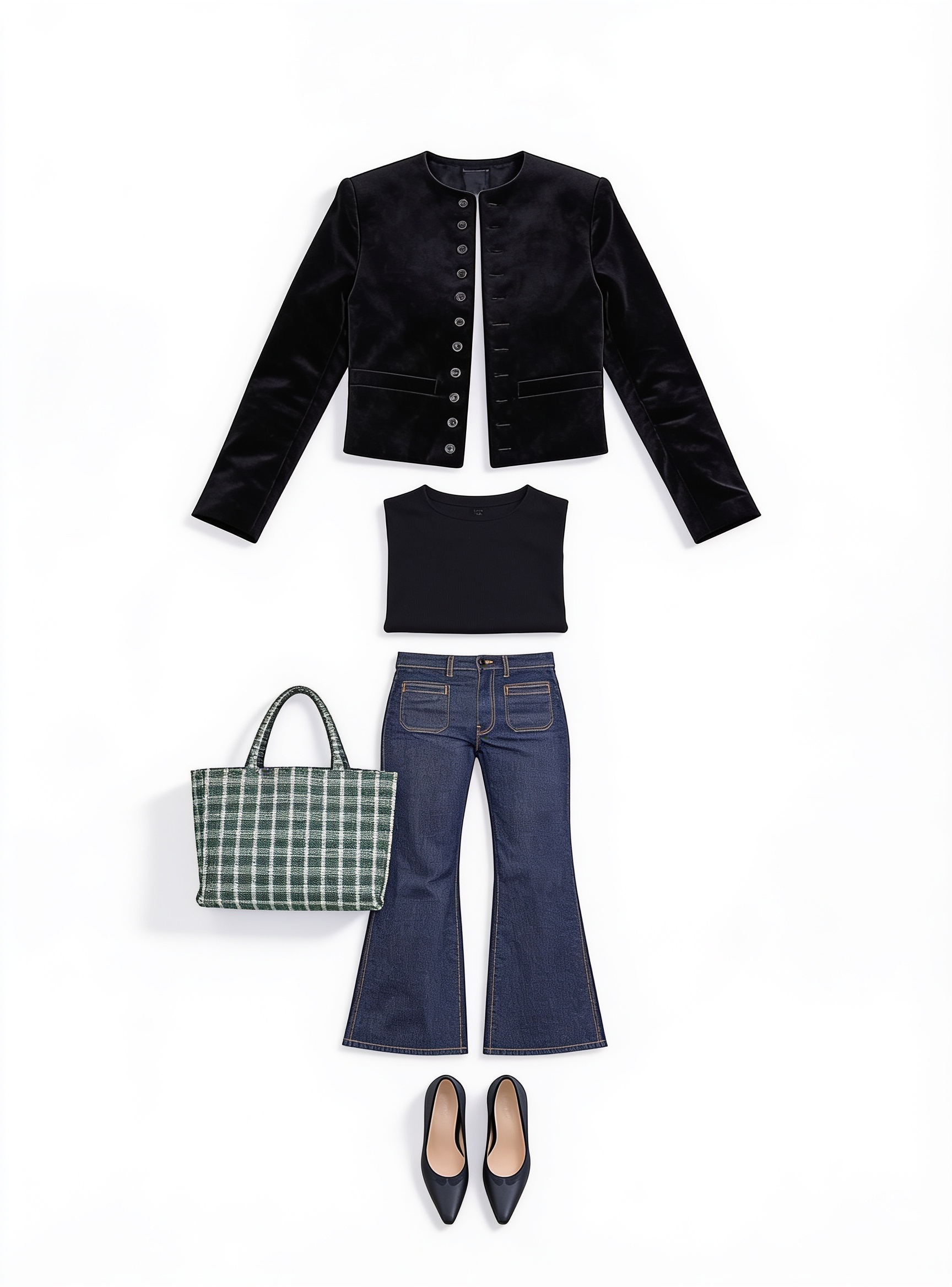 Black cropped jacket and blue flared jeans