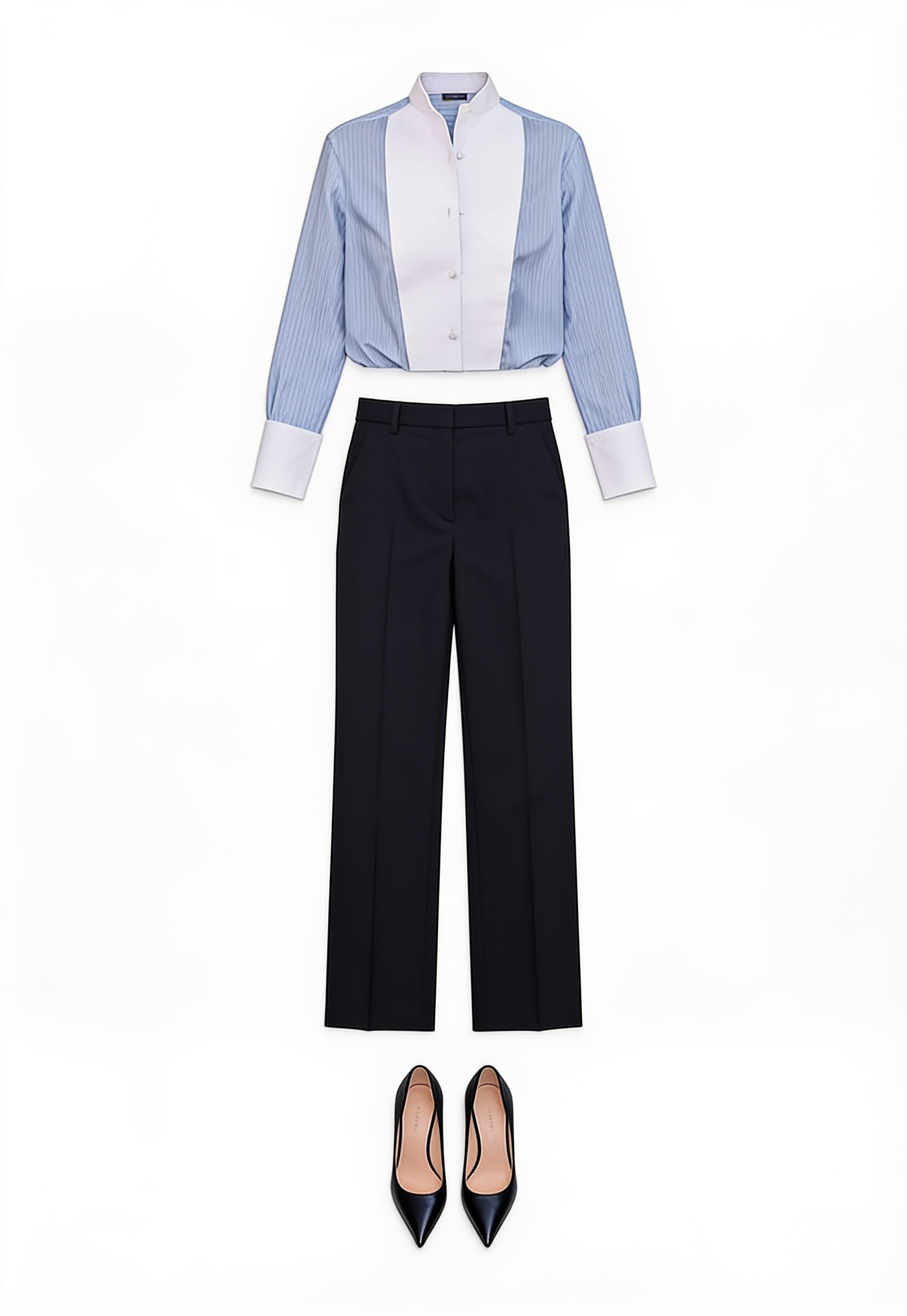Pale blue cropped jacket and navy trousers