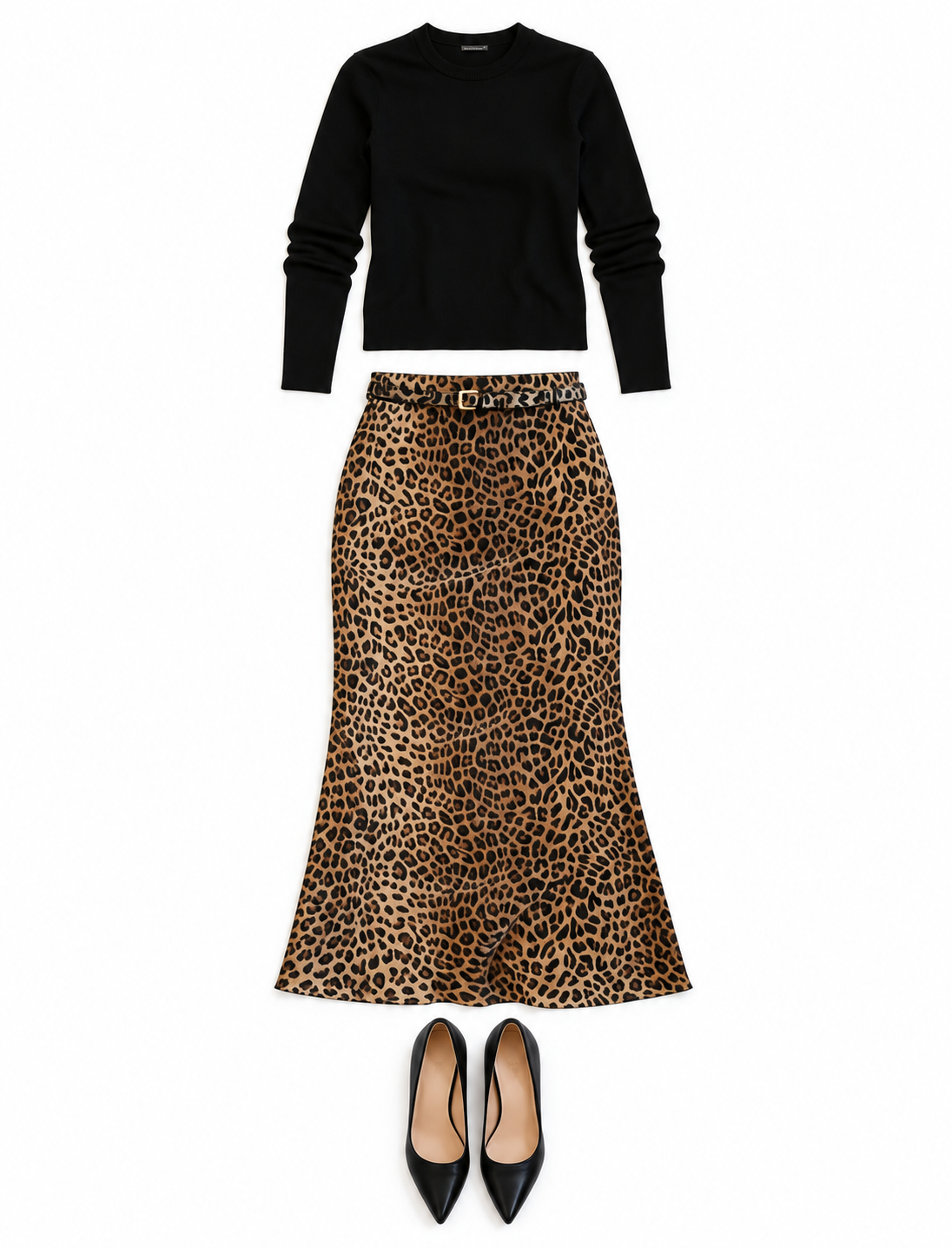 Black sweater and leopard-print flared skirt