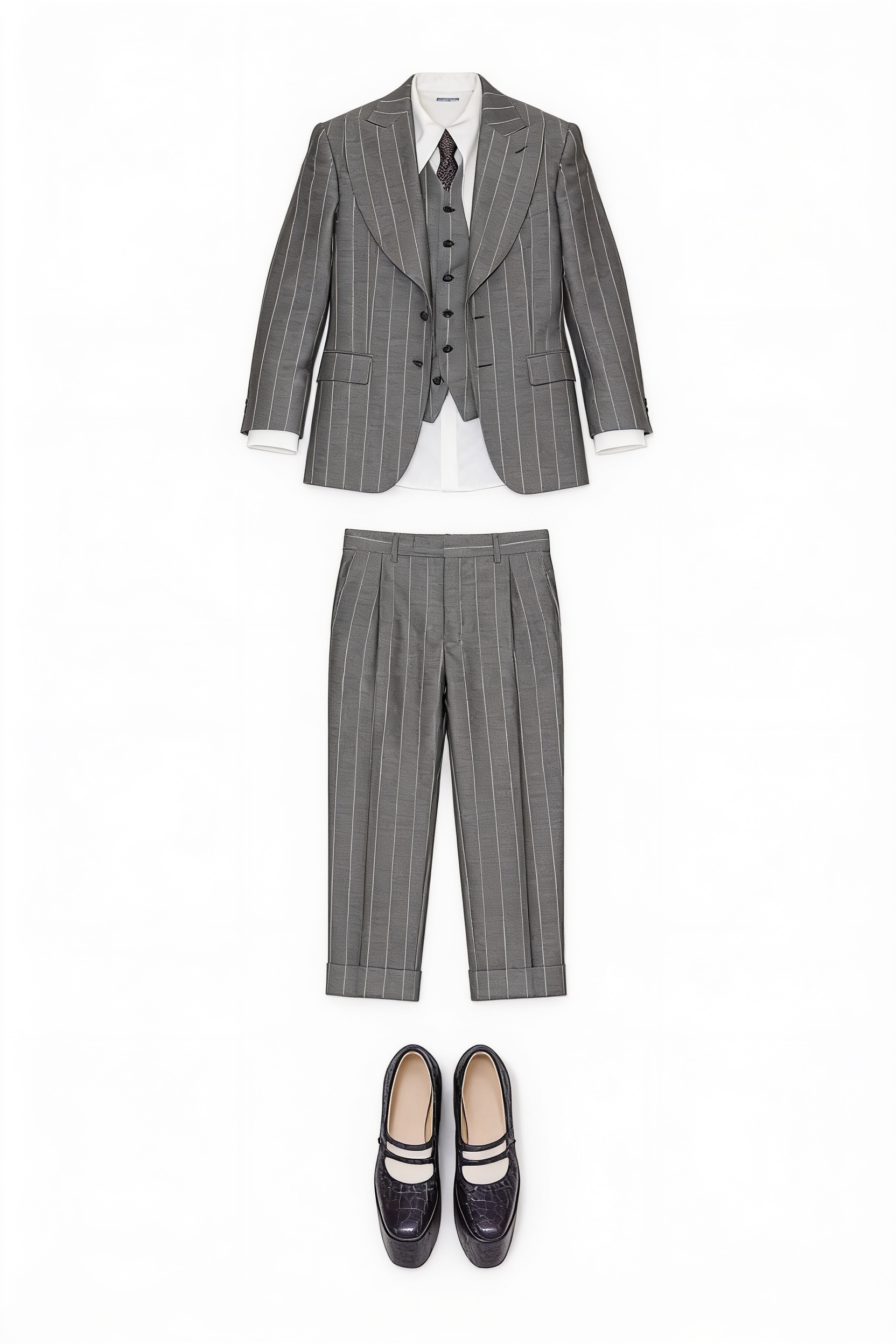 Grey pinstripe three-piece suit