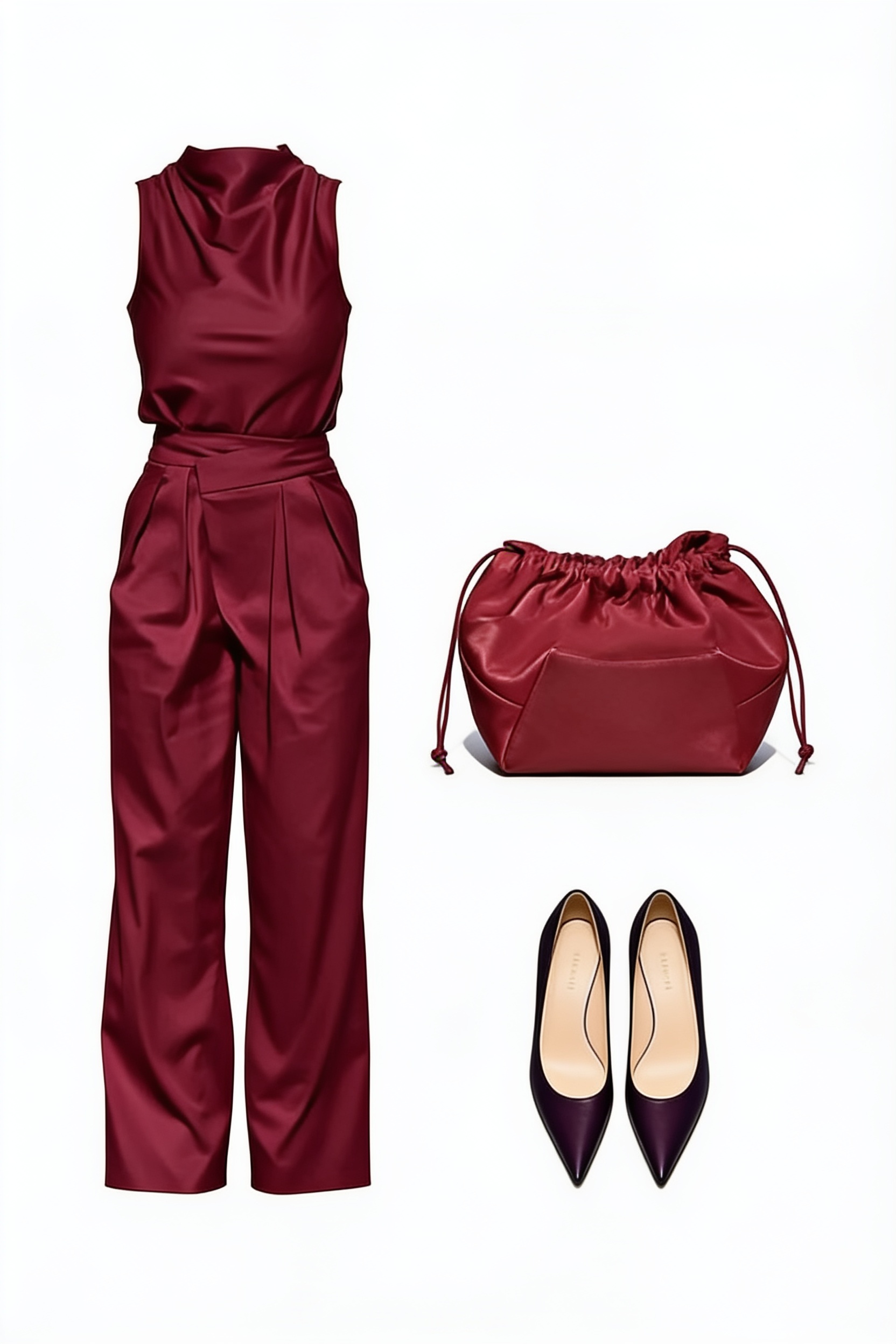 Burgundy sleeveless blouse and satin trousers