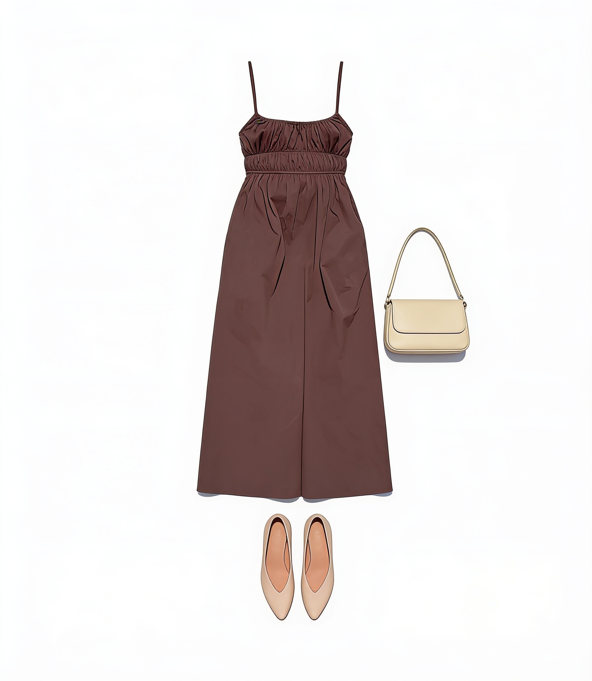 Brown cutout midi dress and nude pumps