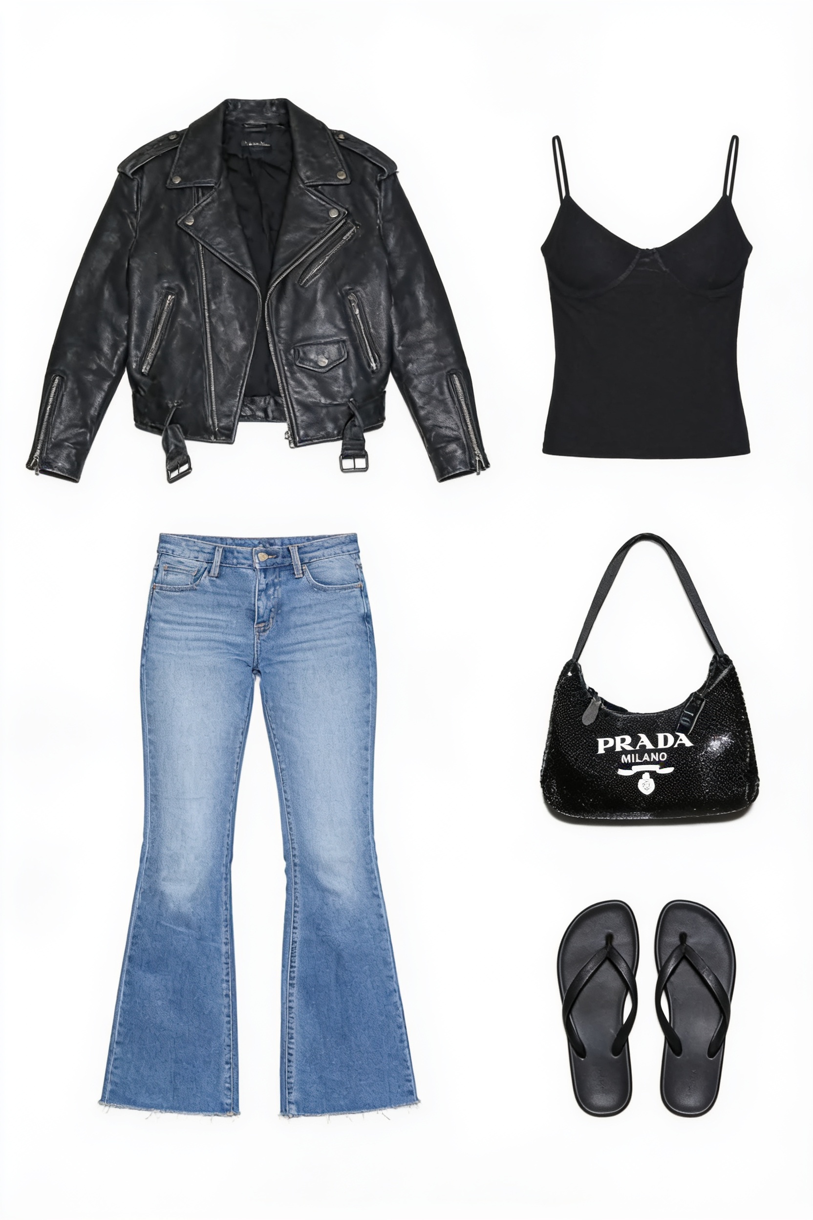 Black leather jacket and flared jeans
