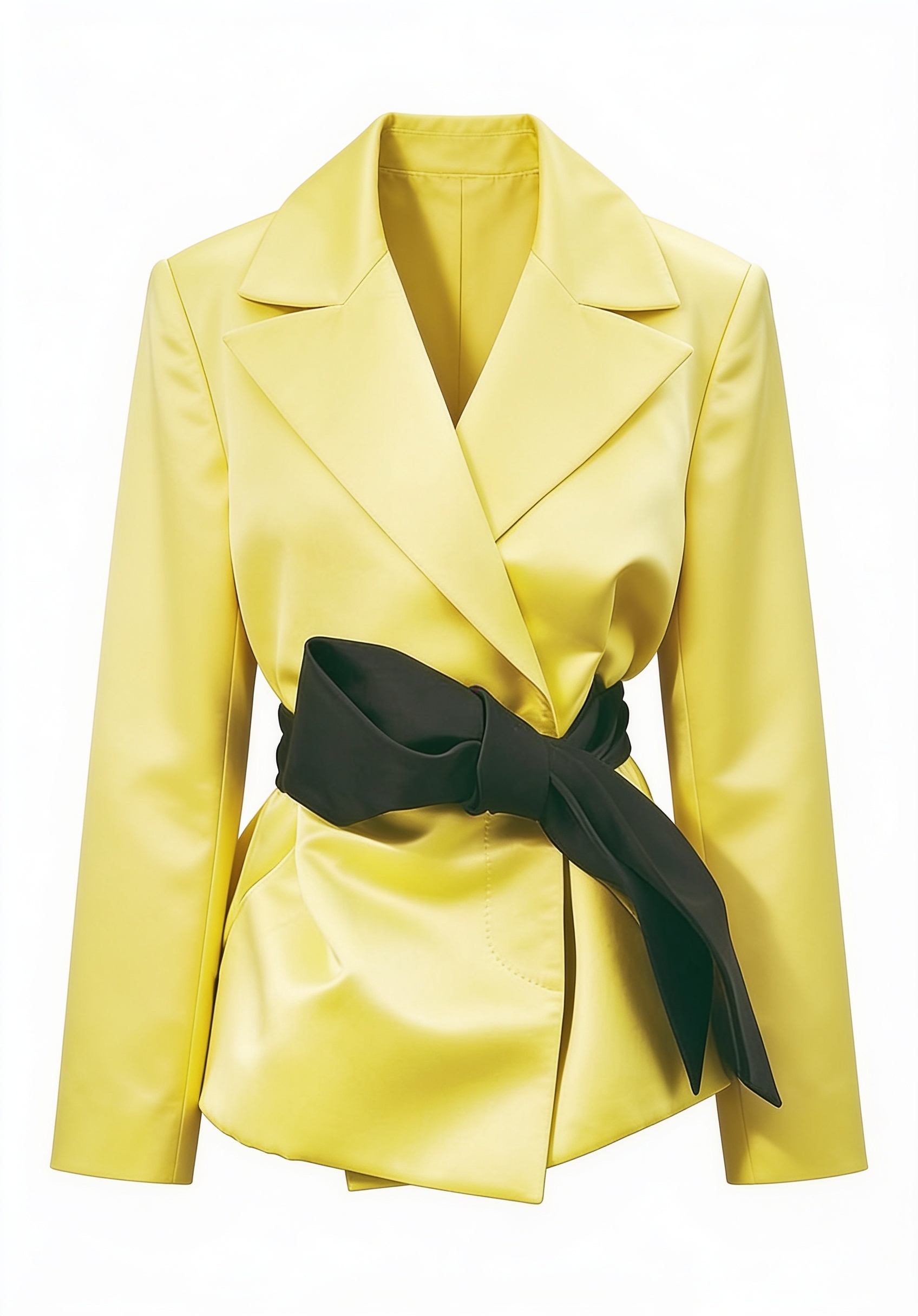 Yellow satin blazer with black bow belt