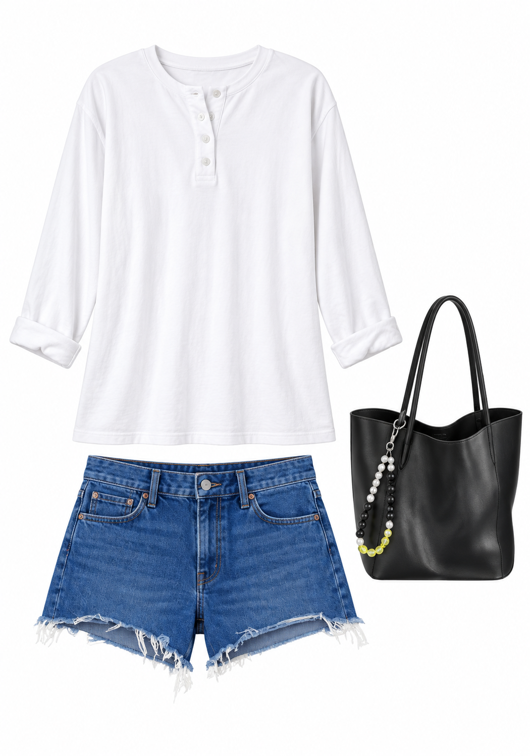 White henley and frayed denim shorts